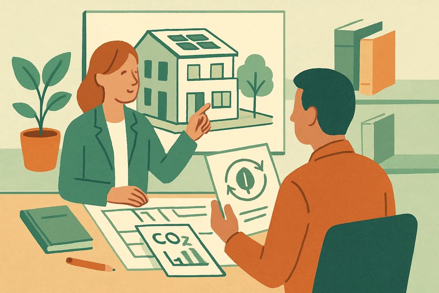 Generate an illustration for an article following this concept:

Architects Are Now Sustainability Advisors
Specifiers are no longer just laying out choices. They are shaping the brief and steering clients to lower‑impact options that hit performance, health, and budget goals. For building product manufacturers, that means sustainability content must help an architect recommend with confidence, not just file paperwork. If your EPDs and HPDs are easy to find, easy to trust, and easy to explain in a client meeting, your product moves from a name on a list to the default choice.

Ensure that you use no text, as this illustration will be used on international translations of the article..

Use an illustrative style (e.g. isometic) and don't generate in a photorealistic style.