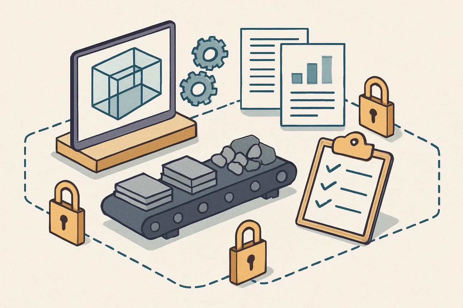 Generate an illustration for an article following this concept:

Bounded Models and Automated Checks for EPD on Demand
EPD on demand only works if the model has firm boundaries and the workflow has smart brakes. Lock the non negotiables so auditors can trust the engine, then let plant data and bills of materials flow within pre agreed rails. Done right, teams keep big catalogs spec ready without asking verifiers to recheck the same ground every week.

Ensure that you use no text, as this illustration will be used on international translations of the article..

Use an illustrative style (e.g. isometic) and don't generate in a photorealistic style.