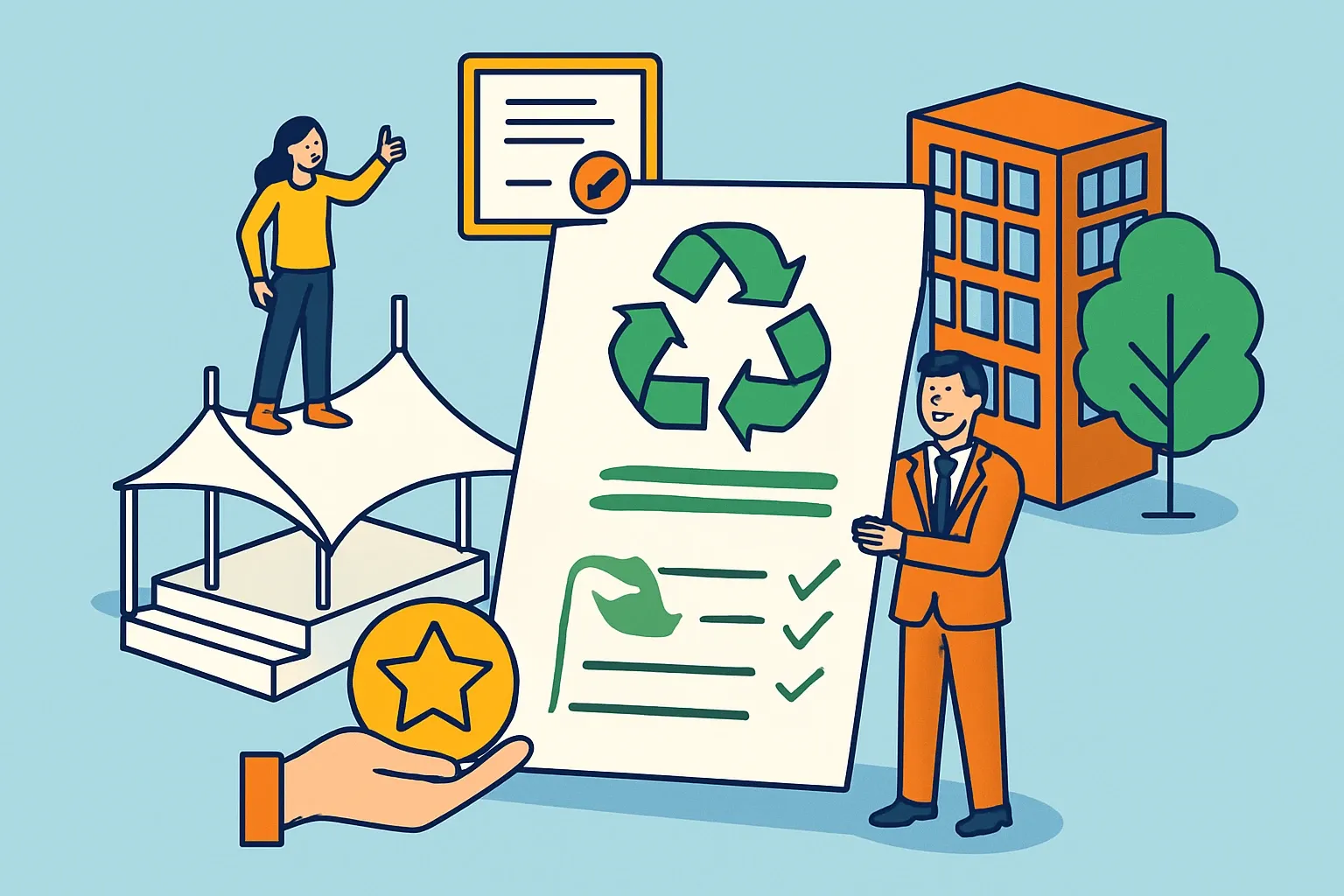 Generate an illustration for an article following this concept:

Congrats FPC Industries on first Environmental Product Declarations
Big milestone for coated technical textiles. FPC Industries has entered the transparency arena with its first environmental declarations for core architectural fabrics. If you sell tensile membranes, façades, or heavy‑duty covers, this is the signal that specs and bids will start treating these SKUs differently than yesterday.

Ensure that you use no text, as this illustration will be used on international translations of the article..

Use an illustrative style (e.g. isometic) and don't generate in a photorealistic style.