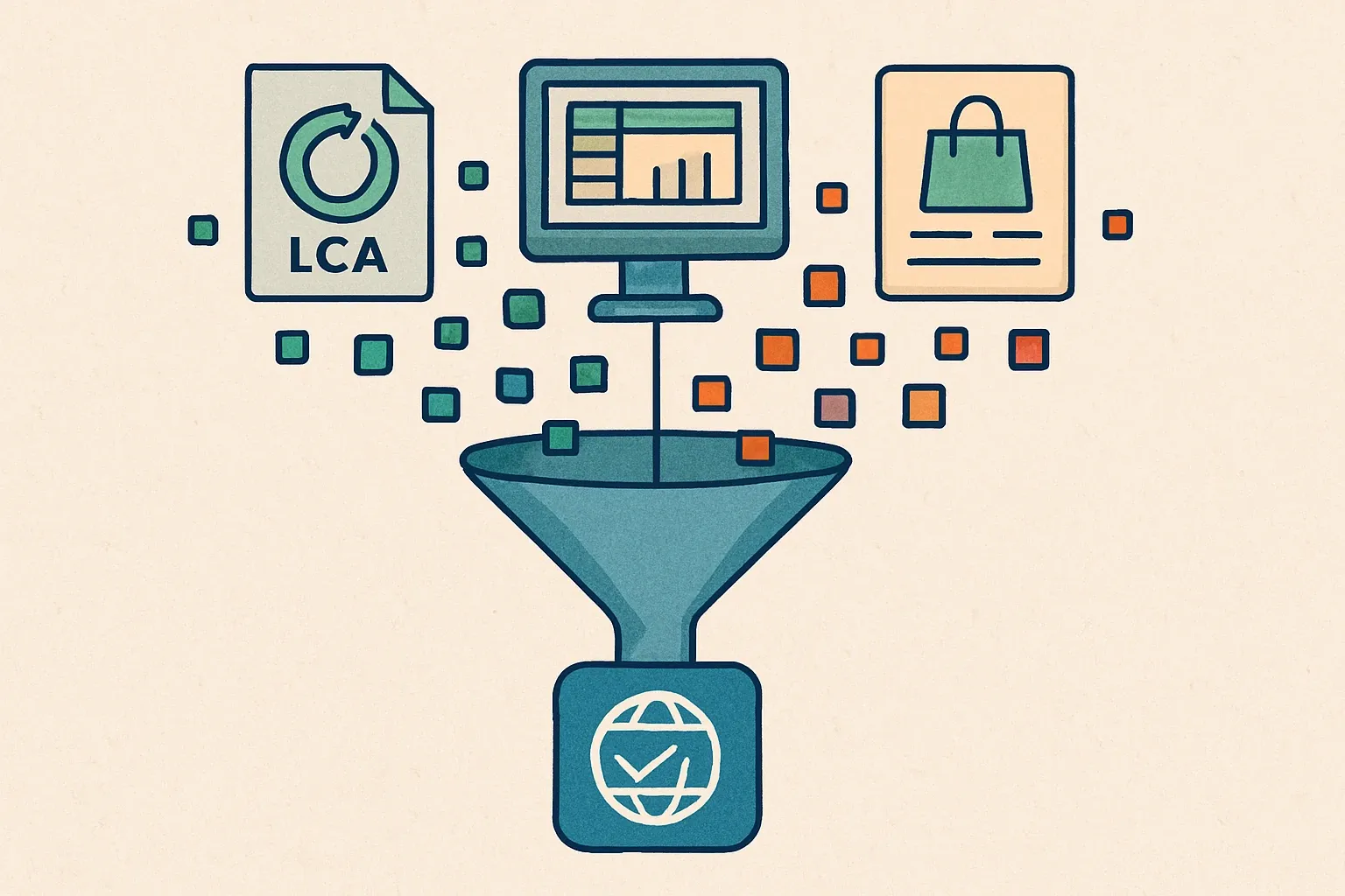 Visual metaphor of scattered data sources (LCA, ERP, PIM) flowing into a single Digital Product Passport icon.