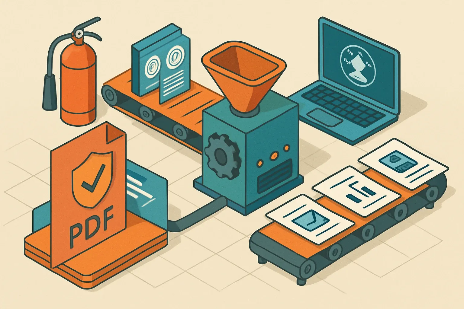 Generate an illustration for an article following this concept:

From compliance PDF to governed sales engine
Most teams treat EPDs and certifications like fire extinguishers. Useful in emergencies, ignored the rest of the time. The smarter move is to turn those same artifacts into governed, AI‑ready sales content that answers RFPs, benchmarks competitors, and produces buyer‑ready summaries on the spot. The result is fewer bottlenecks on technical staff and a faster path to getting specified without teaching every rep to be an LCA expert.

Ensure that you use no text, as this illustration will be used on international translations of the article..

Use an illustrative style (e.g. isometic) and don't generate in a photorealistic style.