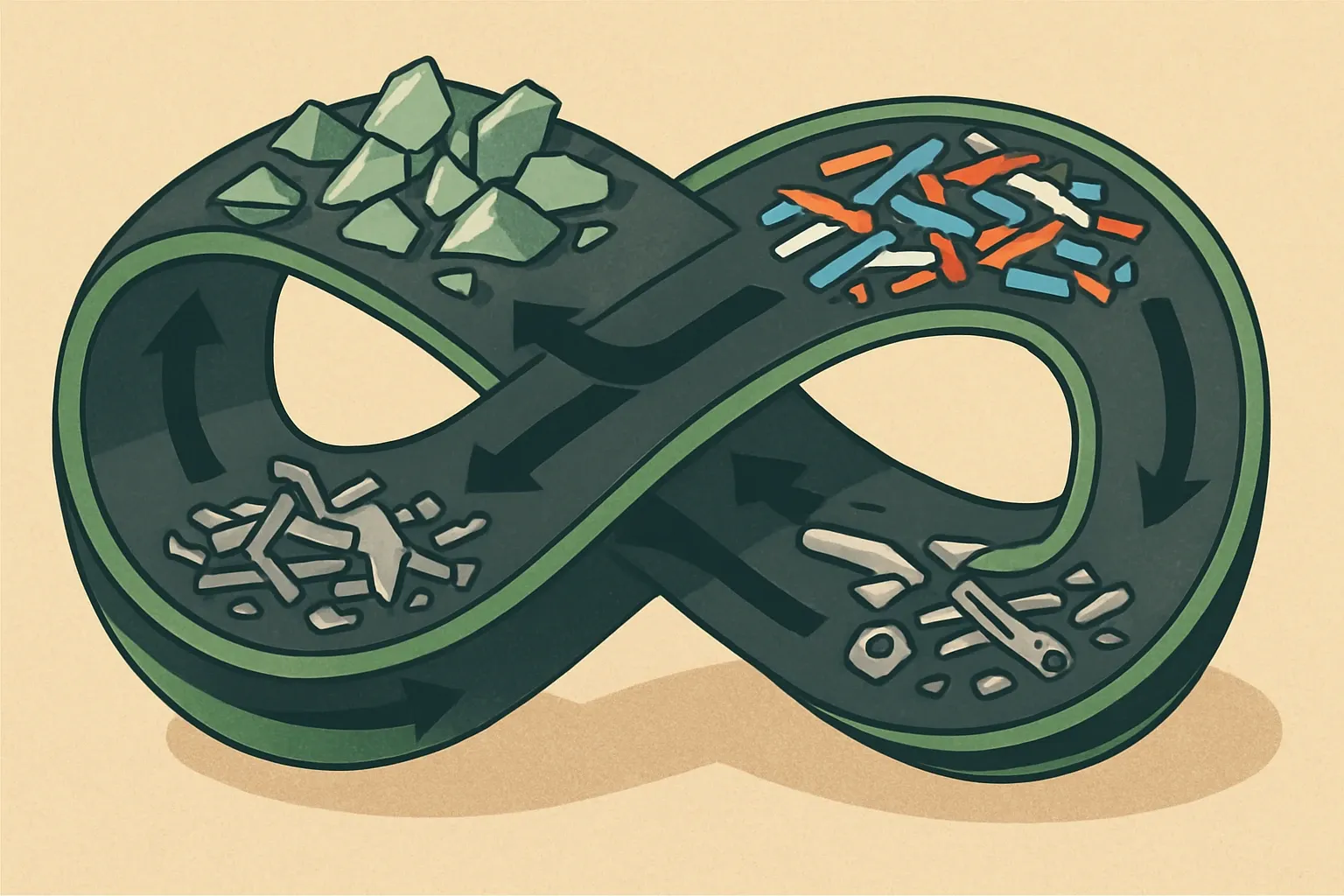 A stylized conveyor belt shaped like a Möbius loop carrying crushed glass, shredded plastic, and metal scrap to represent continuous material flow.