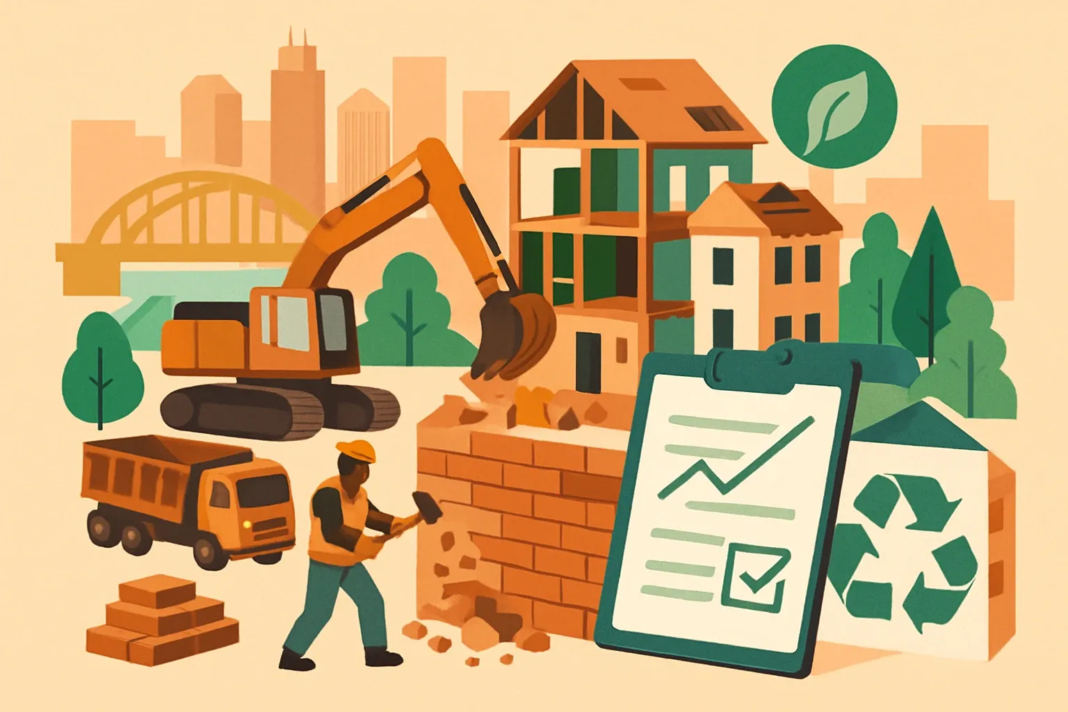 Generate an illustration for an article following this concept:

Pittsburgh’s Deconstruction Executive Order, Explained
City jobs and specs are tilting toward reuse. If your products show up in Pittsburgh capital projects without clear carbon numbers, you risk being sidelined while competitors back claims with solid EPDs. Here is what the order does, who it touches, and how manufacturers turn it into an advantage.

Ensure that you use no text, as this illustration will be used on international translations of the article..

Use an illustrative style (e.g. isometic) and don't generate in a photorealistic style.