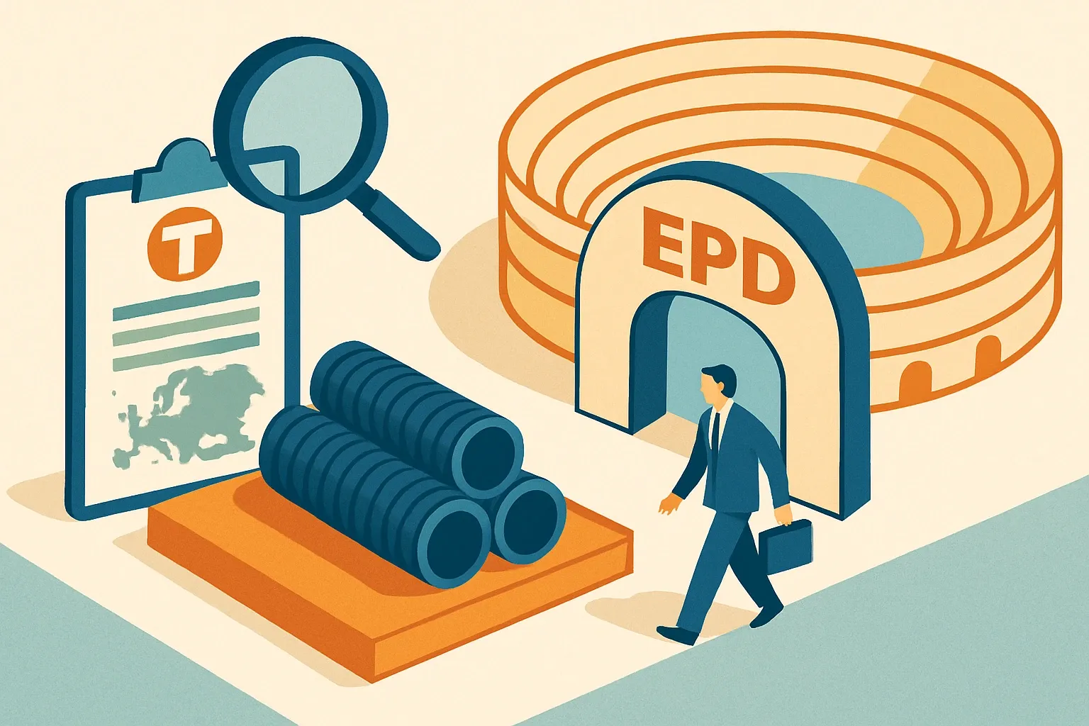 Generate an illustration for an article following this concept:

TehnoWorld’s first EPDs enter the transparency arena
Big pipes news. TehnoWorld has published its first wave of Environmental Product Declarations, a family‑level set covering core underground utility systems. For specifiers, this turns a known brand in Eastern Europe into a documented option that plays cleanly with carbon accounting and pre‑qual rules. For competitors, it means a new name shows up in shortlists where product‑specific EPDs are table stakes.

Ensure that you use no text, as this illustration will be used on international translations of the article..

Use an illustrative style (e.g. isometic) and don't generate in a photorealistic style.