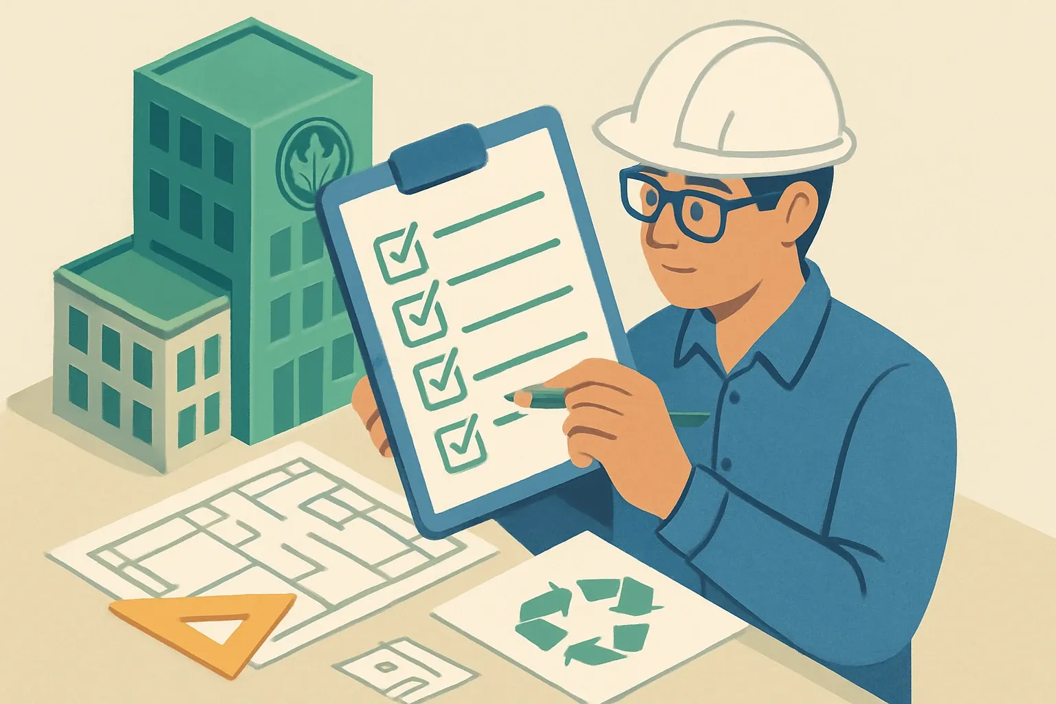 Generate an illustration for an article following this concept:

Architect checklist for the 2026 LEED transition
July 1, 2026 flips the default for commercial projects to LEED v5. Teams that register before June 30 can still choose v4 or v4.1 and certify later, but anything registered after must use v5. That single date reshapes consultant scopes, spec language, submittals, and what manufacturers get asked to provide. Treat the next 90 to 180 days as a planning sprint to avoid duplicate work, version mismatches, and last‑minute product scrambles. (USGBC Certification Deadlines, 2026) ([usgbc.org](https://www.usgbc.org/tools/leed-certification/deadlines/))

Ensure that you use no text, as this illustration will be used on international translations of the article..

Use an illustrative style (e.g. isometic) and don't generate in a photorealistic style.