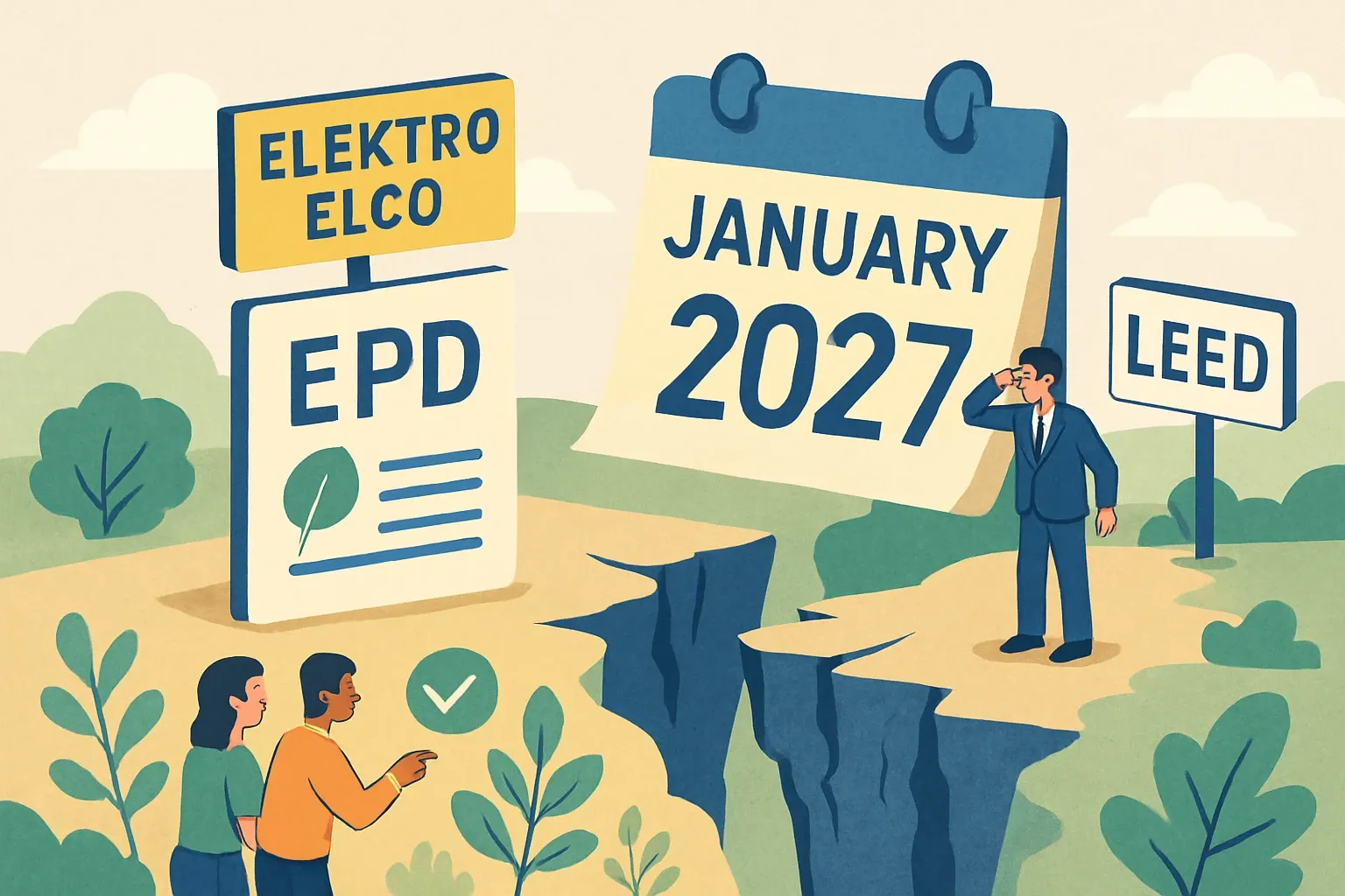 Generate an illustration for an article following this concept:

Elektro Elco’s January 2027 EPD cliff, explained
Eight months from now, three Elektro Elco lighting EPDs hit their expiry window in January 2027. If replacements are not published in time, specifiers on LEED v5 and public projects will likely pivot to brands with current declarations. Below we name the affected products, check for replacements, and flag credible, EPD‑ready alternatives so project pipelines do not stall when the calendar flips to 2027.

Ensure that you use no text, as this illustration will be used on international translations of the article..

Use an illustrative style (e.g. isometic) and don't generate in a photorealistic style.
