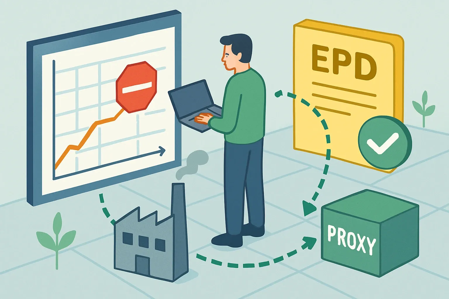 Generate an illustration for an article following this concept:

When Data Stalls, Proxies Keep EPDs Moving
Supplier silence happens. Chinese New Year, line maintenance, contract handovers, even ERP cutovers can pause the energy, waste, or logistics data your life‑cycle model needs. Smart proxy data keeps modeling on schedule without corroding trust. The trick is knowing what can be safely approximated for now and what must be exact from day one, then documenting choices so reviewers nod and sales teams keep bids alive.

Ensure that you use no text, as this illustration will be used on international translations of the article..

Use an illustrative style (e.g. isometic) and don't generate in a photorealistic style.