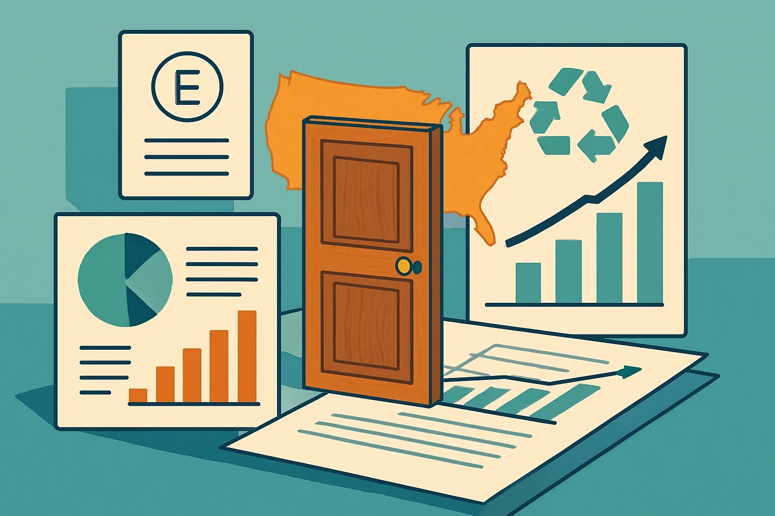 Generate an illustration for an article following this concept:

Wood Door EPDs in the United States, a data guide
The 2026 snapshot for wood and architectural wood doors in the United States, built from the public registry most specifiers rely on. Use this to see who has EPDs today, which program operators and PCRs dominate, and how to time your next declaration so it lands where the market is heading, not where it was.

Ensure that you use no text, as this illustration will be used on international translations of the article..

Use an illustrative style (e.g. isometic) and don't generate in a photorealistic style.