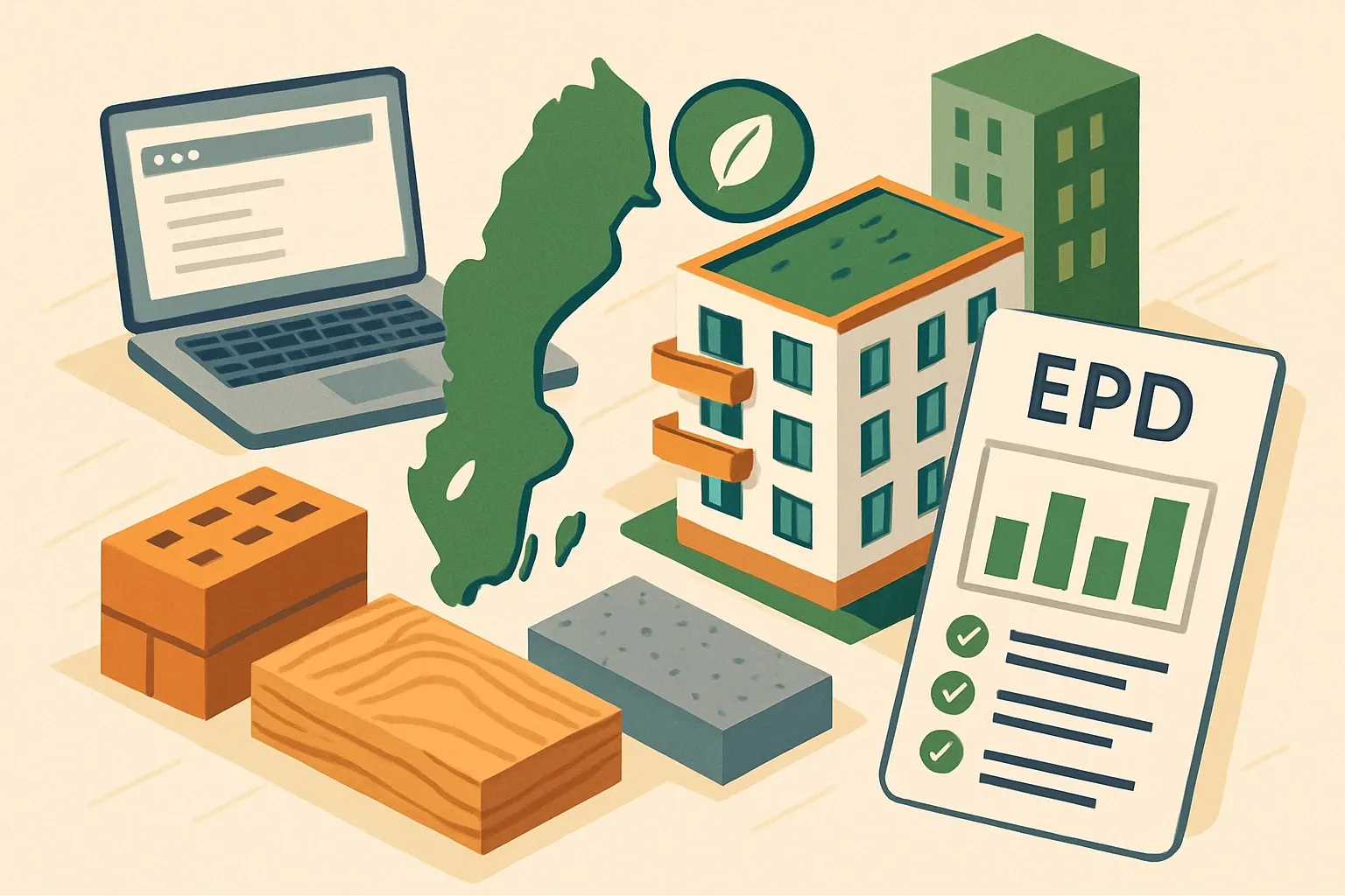 Generate an illustration for an article following this concept:

ABE Group Sweden: products, presence and EPD reality check
Trying to map ABE Group’s product line through abegroup.se turns up little. If they sell into buildings, that low public signal matters for specs in Sweden where clients increasingly expect product‑specific EPDs or default to conservative generic data. Let’s unpack what that means commercially and where competitors already show up with declarations.

Ensure that you use no text, as this illustration will be used on international translations of the article..

Use an illustrative style (e.g. isometic) and don't generate in a photorealistic style.