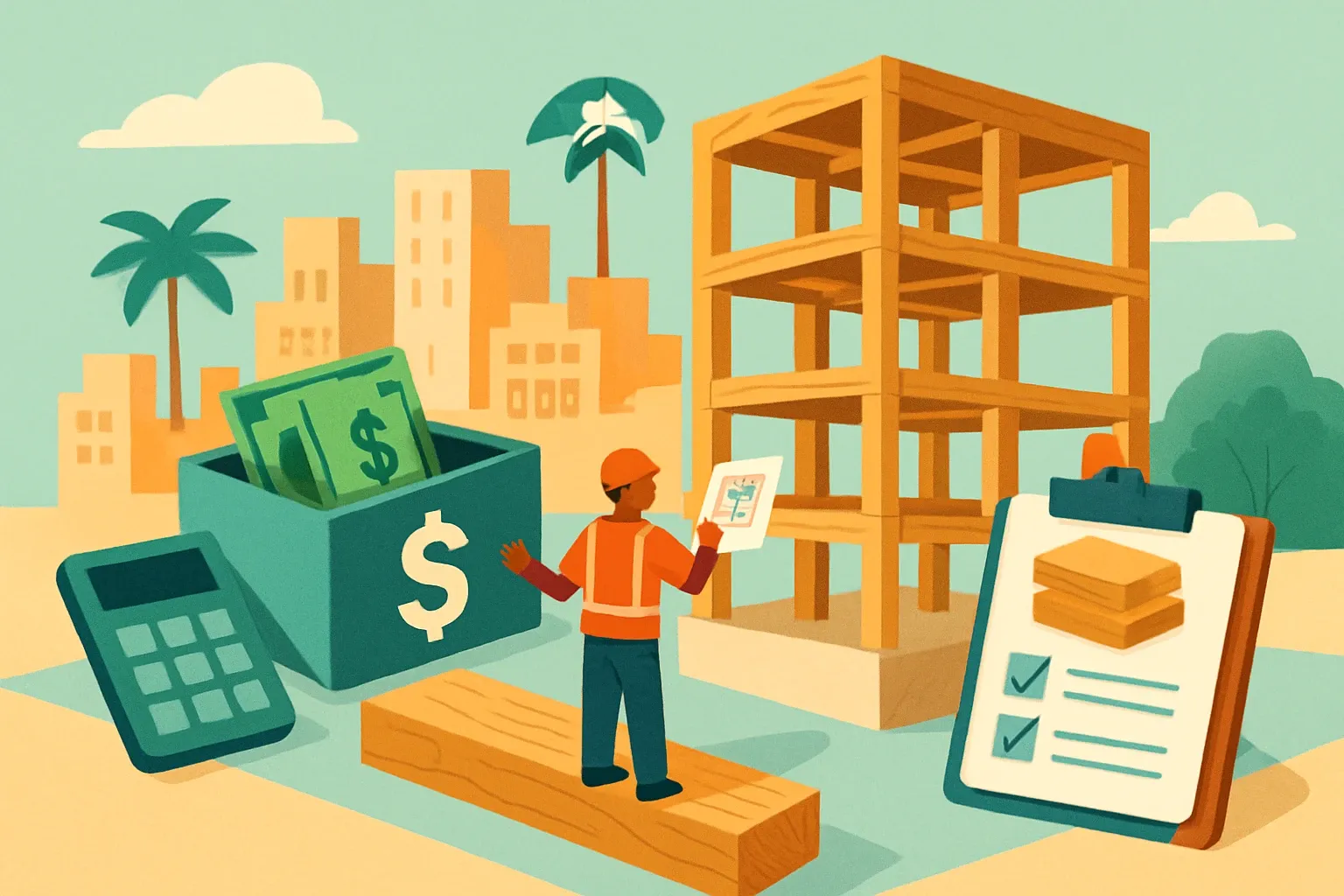 Generate an illustration for an article following this concept:

Santa Monica’s Mass Timber Accelerator, Explained
Santa Monica’s new Mass Timber Accelerator is small in size and big in signal. It funds up to five development teams and offers $20,000 to $50,000 per project that explores mass timber in the city, paired with expert support from WoodWorks. For building product manufacturers, this creates near‑term demand for product‑specific EPDs and HPDs that help teams document embodied carbon and material health cleanly. Translate that paperwork into faster submittals, fewer substitutions, and a clearer path to spec wins. ([City of Santa Monica, 2026](https://www.santamonica.gov/santa-monica-mass-timber-accelerator))

Ensure that you use no text, as this illustration will be used on international translations of the article..

Use an illustrative style (e.g. isometic) and don't generate in a photorealistic style.