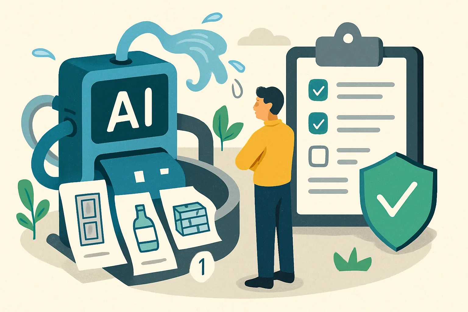 Generate an illustration for an article following this concept:

AI Product Intelligence Needs Governance, Not Gut Feel
“AI hallucinates” gets repeated like a tired chorus. The real issue is not that AI cannot handle product data, it is that we let it drink from every firehose at once. For manufacturers racing to produce LCAs, EPDs and HPDs, the fix is governance that decides what counts as truth, for whom, and when. With clear guardrails and human sign‑off, AI can do the tedious work it never tires of, while your experts keep claims defenceable.

Ensure that you use no text, as this illustration will be used on international translations of the article..

Use an illustrative style (e.g. isometic) and don't generate in a photorealistic style.