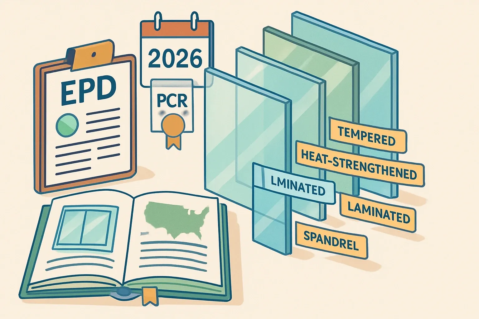 Generate an illustration for an article following this concept:

EPDs for Processed Glass Panes in the United States
If you make tempered, heat‑strengthened, laminated, or spandrel monolithic glass, this is your 2026 field guide. We analyzed every current public EPD we could find for Processed Non‑insulating Glass Panes in the United States to show who is publishing, which program operators they pick, the PCRs in play, and when declarations expire so you can plan launches and renewals with confidence.

Ensure that you use no text, as this illustration will be used on international translations of the article..

Use an illustrative style (e.g. isometic) and don't generate in a photorealistic style.
