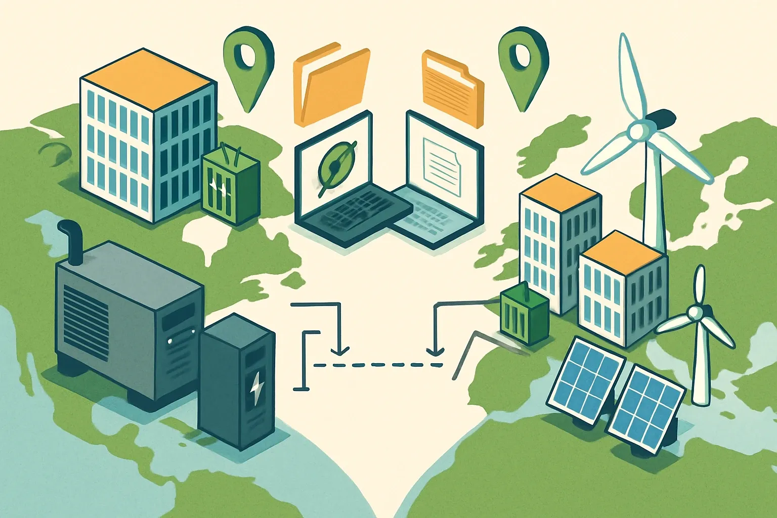Generate an illustration for an article following this concept:

EPD program picks for global data‑center power systems
Generator and UPS makers often ship the same platform into hyperscale and colo builds on both sides of the Atlantic. One EPD path rarely fits both. The trick is choosing operators that let a single LCA model travel, then mirroring into the registries buyers actually check without doing the work twice.

Ensure that you use no text, as this illustration will be used on international translations of the article..

Use an illustrative style (e.g. isometic) and don't generate in a photorealistic style.