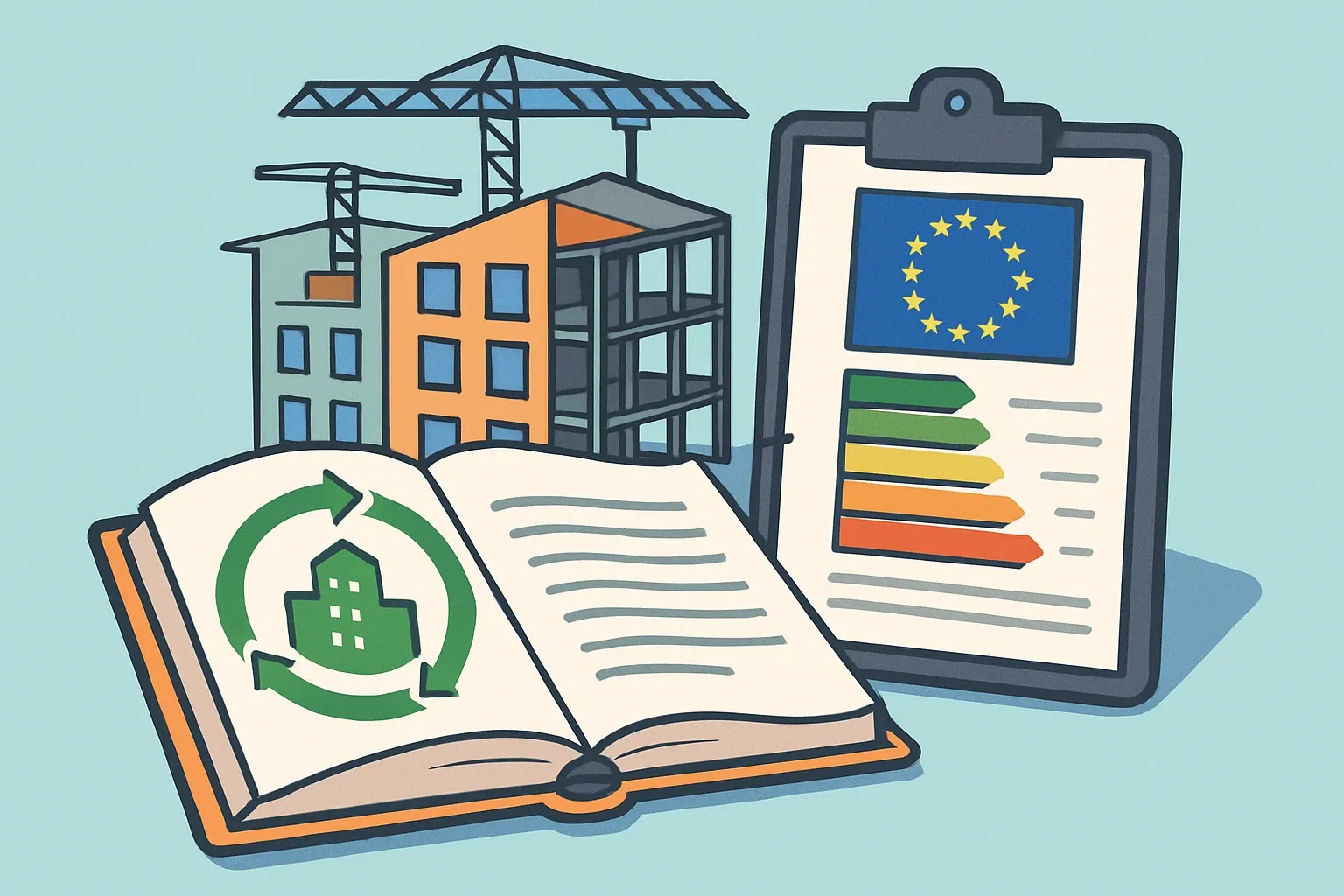 Generate an illustration for an article following this concept:

EU’s New Life Cycle Carbon Rulebook
A new EU framework now requires whole‑life carbon math for buildings to show up in energy performance certificates. That single move will push verified, product‑specific EPD data to the front of EU tenders, with penalties when default values fill gaps. For building product manufacturers, this is pure commercial math: better EPDs mean fewer pessimistic assumptions and more wins in specs across the bloc. Buildings drive about 40% of EU energy use and roughly one third of energy‑related emissions ([European Commission, 2026](https://energy.ec.europa.eu/news/focus-improving-energy-performance-buildings-2026-06-16_en)).

Ensure that you use no text, as this illustration will be used on international translations of the article..

Use an illustrative style (e.g. isometic) and don't generate in a photorealistic style.