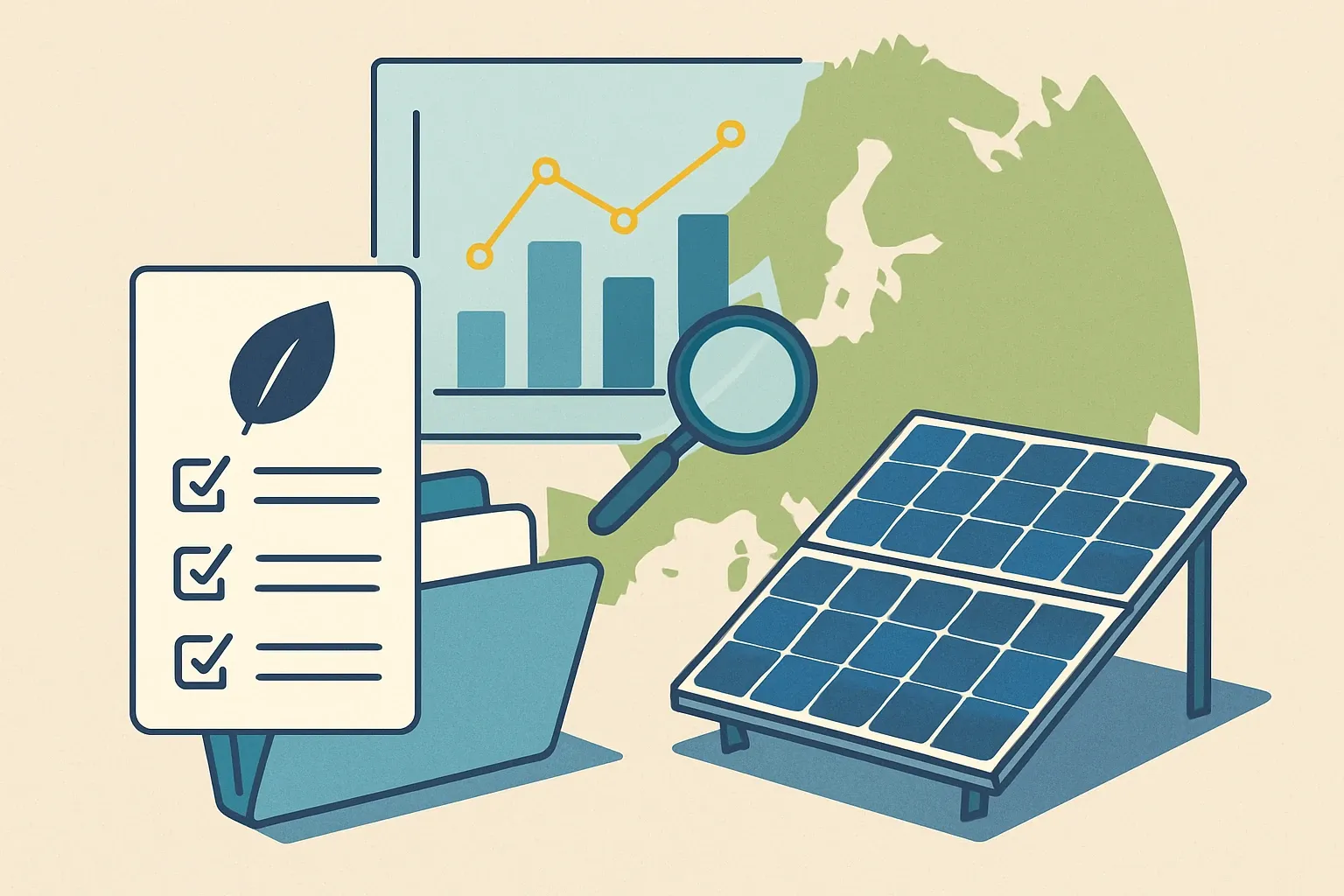 Generate an illustration for an article following this concept:

EPDs for Photovoltaics in Europe: The data guide
Planning an Environmental Product Declaration for solar panels, PV modules, or building‑integrated photovoltaics in Europe this year? Here is the complete, data‑driven picture for 2026 so you can choose the right Program Operator, PCR, and timing with confidence.

Ensure that you use no text, as this illustration will be used on international translations of the article..

Use an illustrative style (e.g. isometic) and don't generate in a photorealistic style.