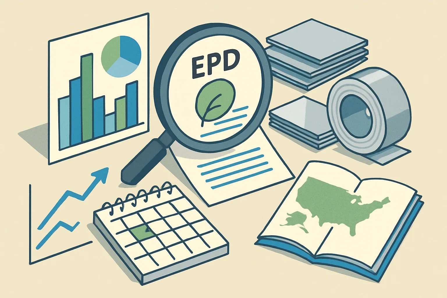 Generate an illustration for an article following this concept:

Aluminum Sheet Goods EPDs in the US: The Data Guide
Planning an Environmental Product Declaration for aluminum sheet, coil, plate, or metal cladding in 2026? This deep dive lays out who is publishing, which program operators dominate, which PCRs are being used, and when expiries hit next. You will see where the competitive bar sits in the United States and how to time an EPD so sales does not stall when bids request one.

Ensure that you use no text, as this illustration will be used on international translations of the article..

Use an illustrative style (e.g. isometic) and don't generate in a photorealistic style.