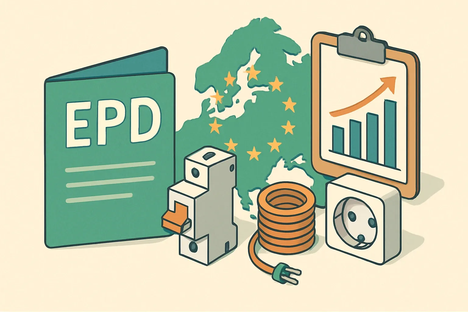 Generate an illustration for an article following this concept:

EPDs for Other Electrical Equipment in Europe
Planning to publish an EPD for electrical components in Europe this year? Here is the 2026 landscape for Other Electrical Equipment, grounded in real registry data, with clear next steps for product managers and sustainability leads.

Ensure that you use no text, as this illustration will be used on international translations of the article..

Use an illustrative style (e.g. isometic) and don't generate in a photorealistic style.