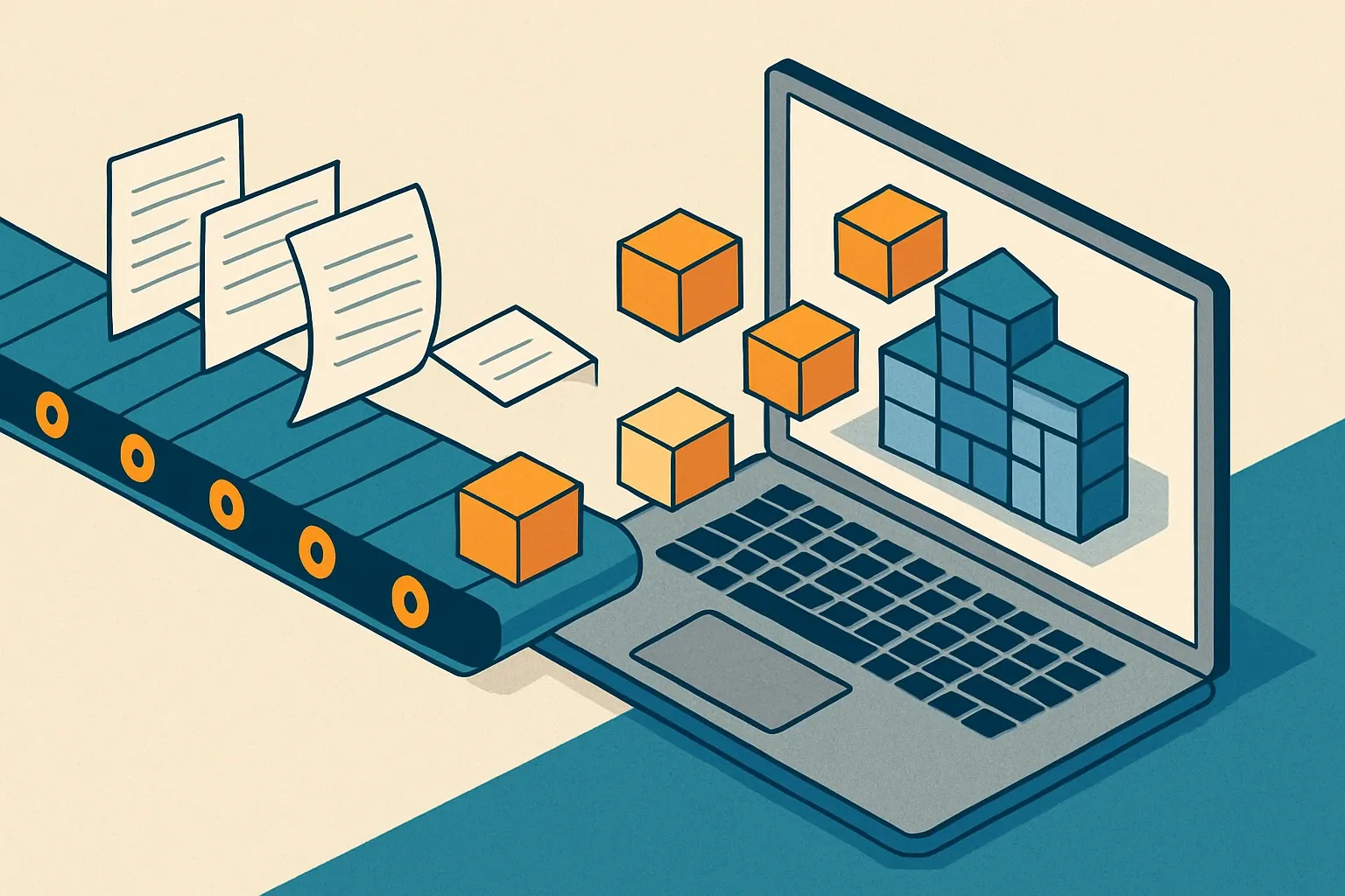 A conveyor line where loose paper sheets transform into neat data blocks entering a BIM model on a laptop, symbolizing the shift from static PDFs to machine‑readable EPDs.