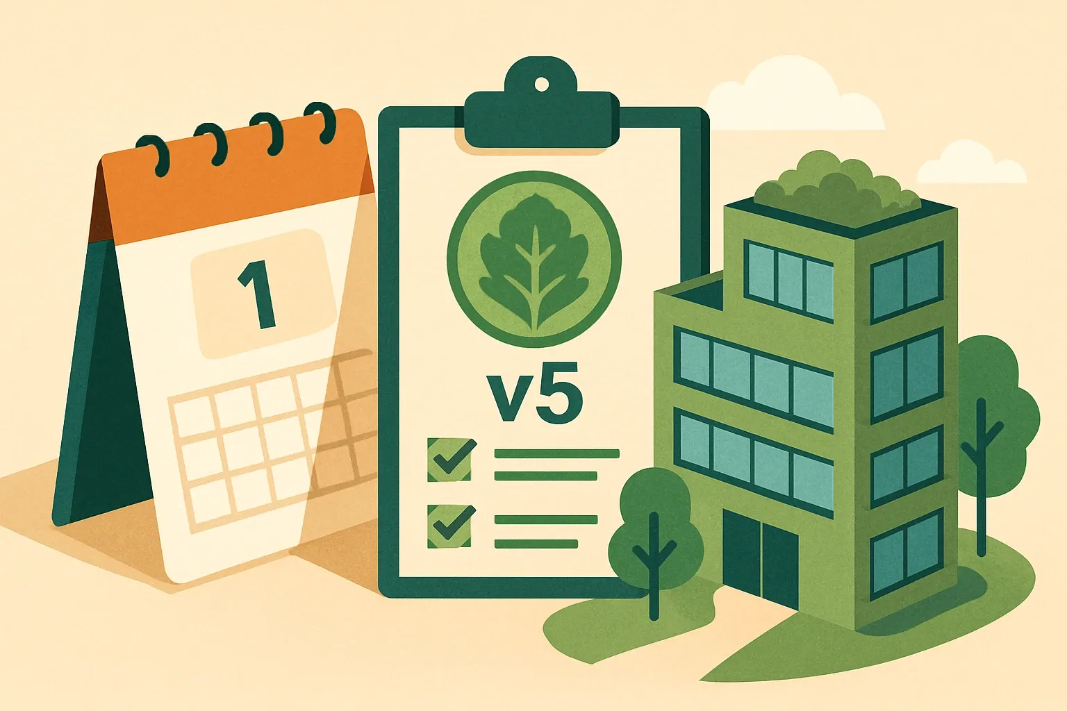 Generate an illustration for an article following this concept:

LEED v5 Becomes Mandatory on July 1, 2026
LEED v4 and v4.1 stop accepting new registrations on June 30, 2026, so every new project that registers on or after July 1 will use LEED v5 ([USGBC LEED certification deadlines, 2026](https://www.usgbc.org/tools/leed-certification/deadlines)). For building product manufacturers, that flips materials transparency from a nice‑to‑have into a points machine. A product‑specific Type III EPD and a solid HPD now feed a unified MR credit worth 1 to 5 points, with an extra 1 to 3 points available for Reduced Embodied Carbon ([USGBC Smart Surfaces x LEED Synergies, 2025](https://www.usgbc.org/sites/default/files/2025-12/Smart%20Surfaces%20x%20LEED%20Synergies%20%2812-11-25%29.pdf)). Move now to lock specification and protect margin.

Ensure that you use no text, as this illustration will be used on international translations of the article..

Use an illustrative style (e.g. isometic) and don't generate in a photorealistic style.