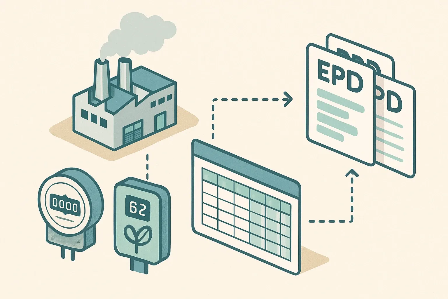 Generate an illustration for an article following this concept:

Turn Plant Meters Into SKU-Level EPD Impacts
Plants run on meters and spreadsheets, not polished EPD tables. The trick is turning utility bills and production logs into product-level impacts fast, without rebuilding every system. Here is a practical allocation play that program operators accept when it is clear, consistent, and well documented.

Ensure that you use no text, as this illustration will be used on international translations of the article..

Use an illustrative style (e.g. isometic) and don't generate in a photorealistic style.