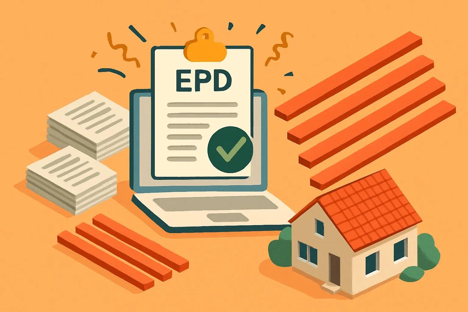Generate an illustration for an article following this concept:

Congrats, SR Timber. Your first EPD is live.
SR Timber just stepped into the transparency arena with a product‑specific EPD for its flagship roofing batten. That move changes how their batten shows up in specs, submittals, and whole‑building LCA math for pitched roofs across the UK.

Ensure that you use no text, as this illustration will be used on international translations of the article..

Use an illustrative style (e.g. isometic) and don't generate in a photorealistic style.