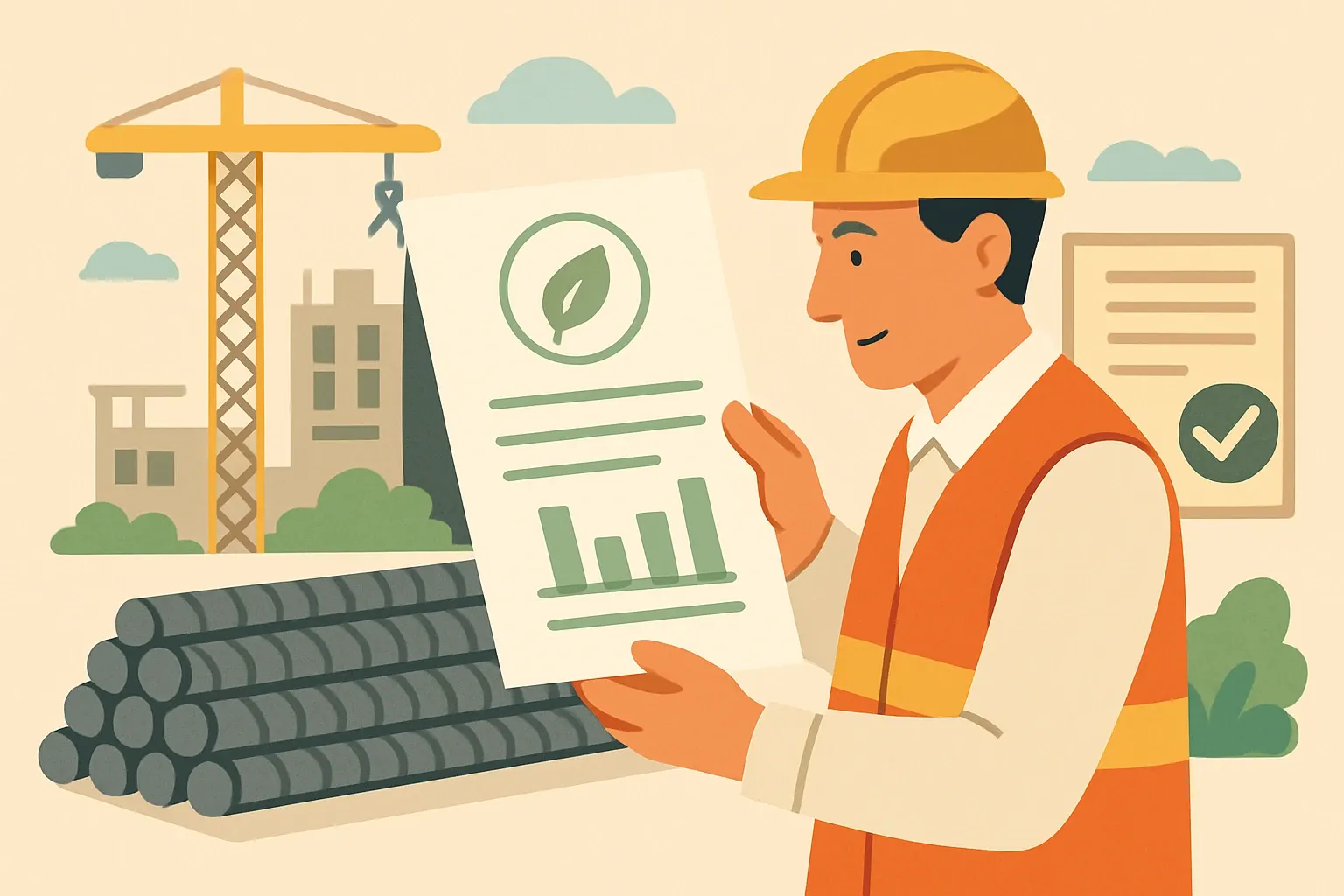 Generate an illustration for an article following this concept:

Congrats, Western Rebar’s first EPDs
Western Rebar just entered the transparency arena with its first wave of product‑specific Environmental Product Declarations in May 2026. For a rebar fabricator serving concrete contractors across commercial and civil work, this flips more bids from risky to ready. Product‑specific EPDs cut the carbon‑penalty guesswork many specifiers face when declarations are missing, which means fewer last‑minute swaps and a clearer shot at the shortlist. The move signals operational discipline and positions Western Rebar where spec teams now spend time: comparable data, fast answers, and proof on paper.

Ensure that you use no text, as this illustration will be used on international translations of the article..

Use an illustrative style (e.g. isometic) and don't generate in a photorealistic style.