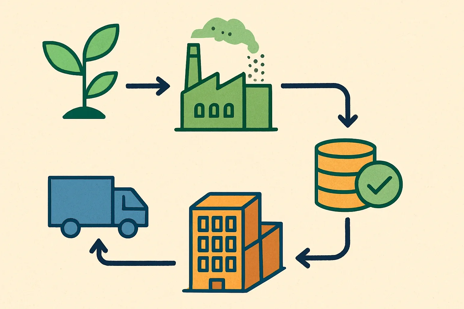 Icons for plant, supplier, EPD database, and BIM model connected by arrows to visualise how verified numbers travel from factory meters to a project carbon budget.