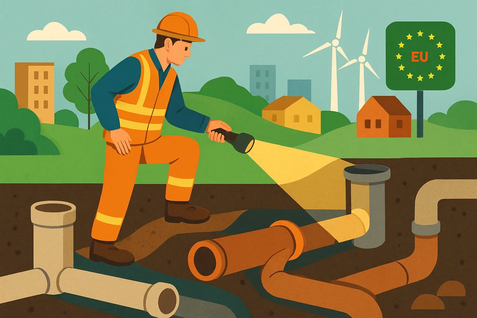 Generate an illustration for an article following this concept:

EPDs for Buried Piping in Europe, the ultimate guide
Planning an Environmental Product Declaration for underground piping in Europe in 2026 can feel like spelunking without a headlamp. This guide lights the path with current numbers, clear PCR choices, and practical timing advice. We cover buried piping, sewer and stormwater pipes, drainage pipework, and underground pipe systems so you can benchmark the field and pick a winning route to publication.

Ensure that you use no text, as this illustration will be used on international translations of the article..

Use an illustrative style (e.g. isometic) and don't generate in a photorealistic style.