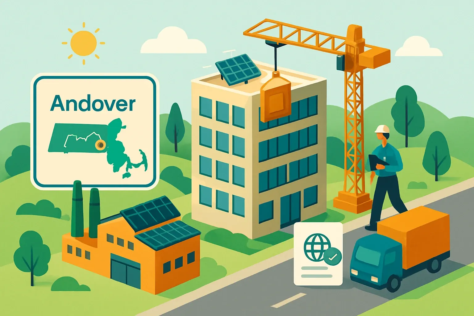 Generate an illustration for an article following this concept:

Andover Climate Action Plan: What Manufacturers Should Do Now
Andover, Massachusetts just turned its climate roadmap into near‑term building action by adopting the Specialized Energy Code at its 2025 Annual Town Meeting. For building product manufacturers, that is the quiet bell that rings before more bids start asking for product‑specific EPDs. Here is how this local plan reshapes sales conversations, submittals, and your go‑to‑market in the Northeast.

Ensure that you use no text, as this illustration will be used on international translations of the article..

Use an illustrative style (e.g. isometic) and don't generate in a photorealistic style.