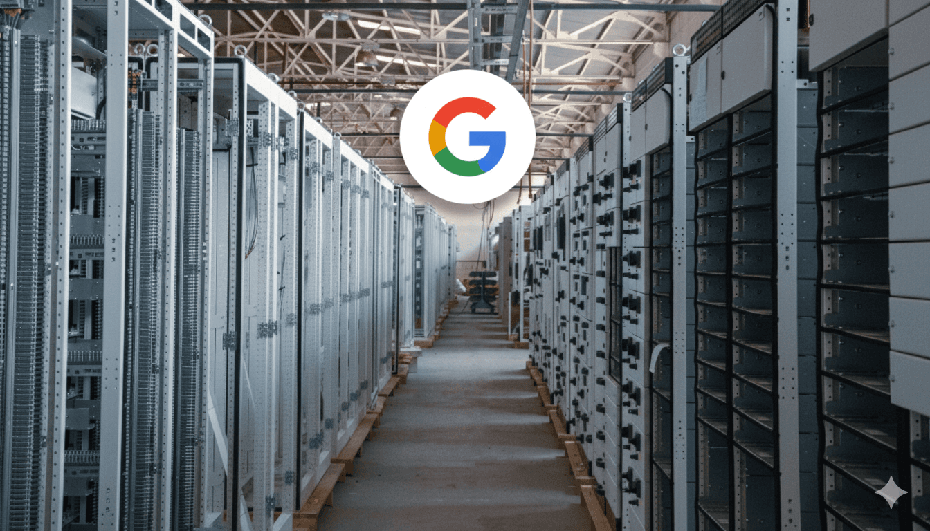 A photo fo a data center being built with the Google logo on top.