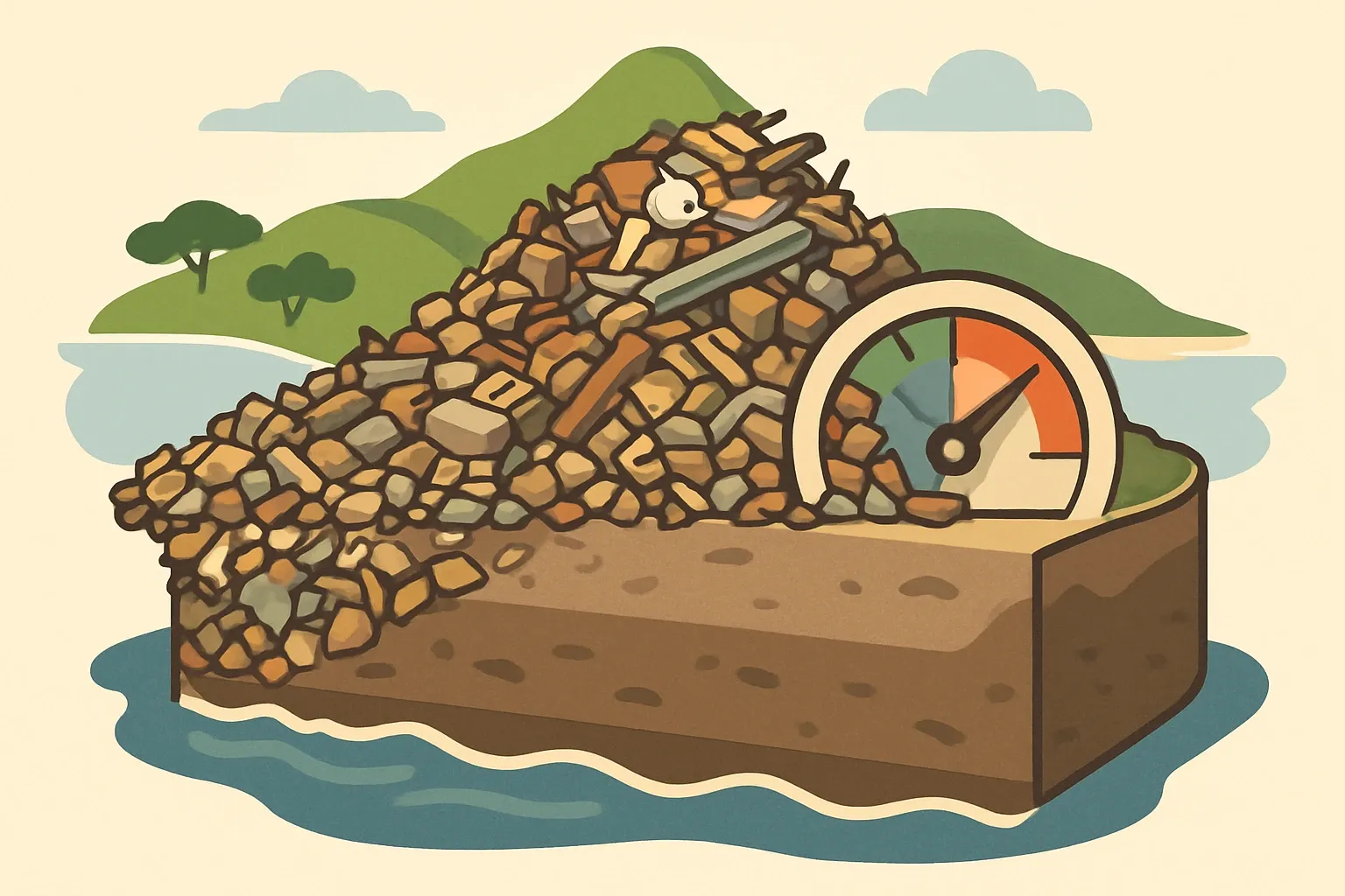 Cross-section of an overflowing landfill on O‘ahu with a visual gauge showing C&D waste slice growing while space left shrinks.