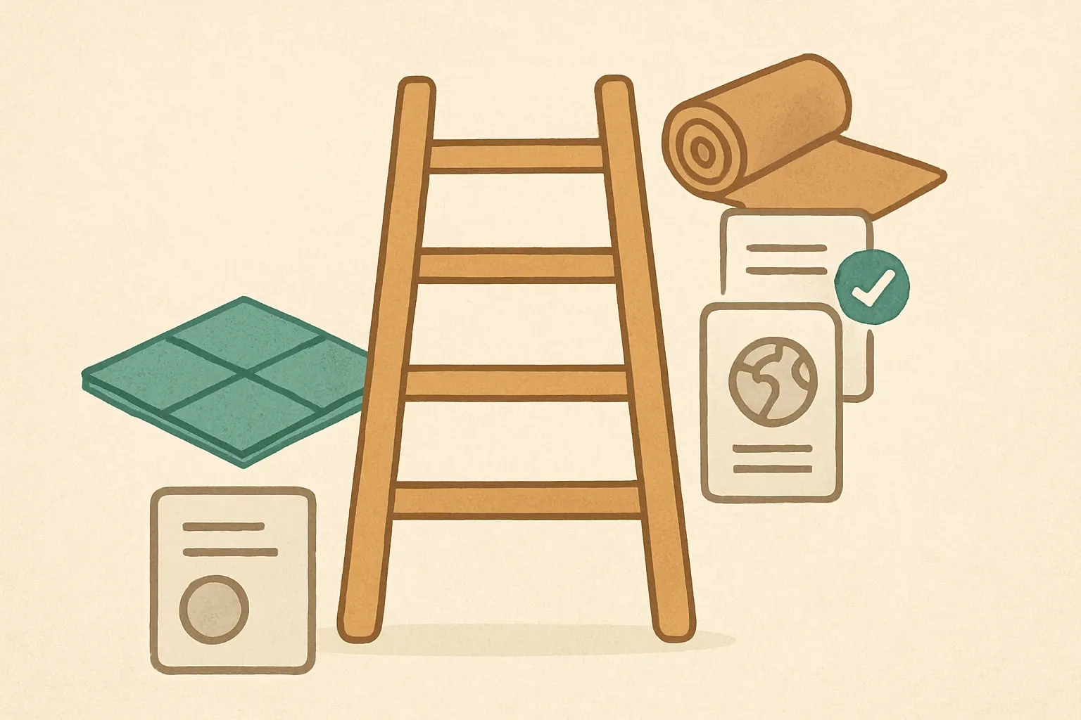 A simple ladder graphic where lower rungs show a generic, collective FDES and upper rungs show brand‑specific EPDs with a checkmark, set against icons of carpet tiles and broadloom rolls.