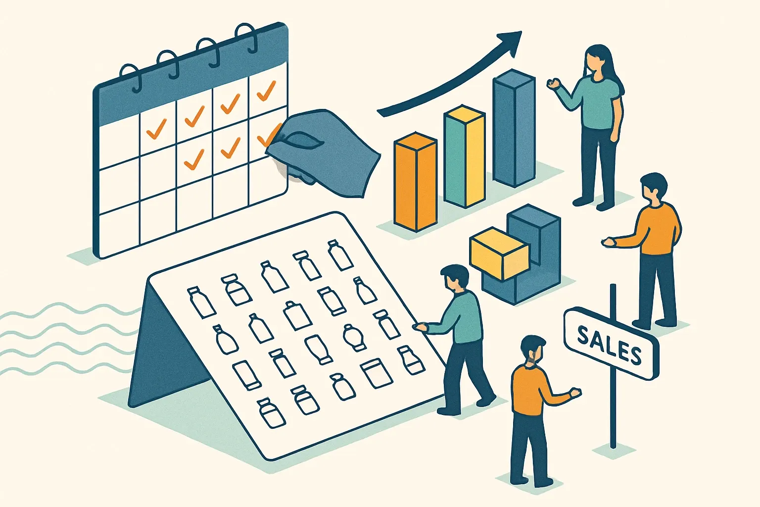 Generate an illustration for an article following this concept:

How to Stage a 20‑Product EPD Rollout
Twenty SKUs, one calendar, zero chaos. The trick is phasing work in waves that mirror revenue priorities, your PCR landscape, and the company fiscal year. Do that and renewals stop bunching up, teams stop firefighting, and sales gets an EPD portfolio that actually matches where deals happen.

Ensure that you use no text, as this illustration will be used on international translations of the article..

Use an illustrative style (e.g. isometic) and don't generate in a photorealistic style.