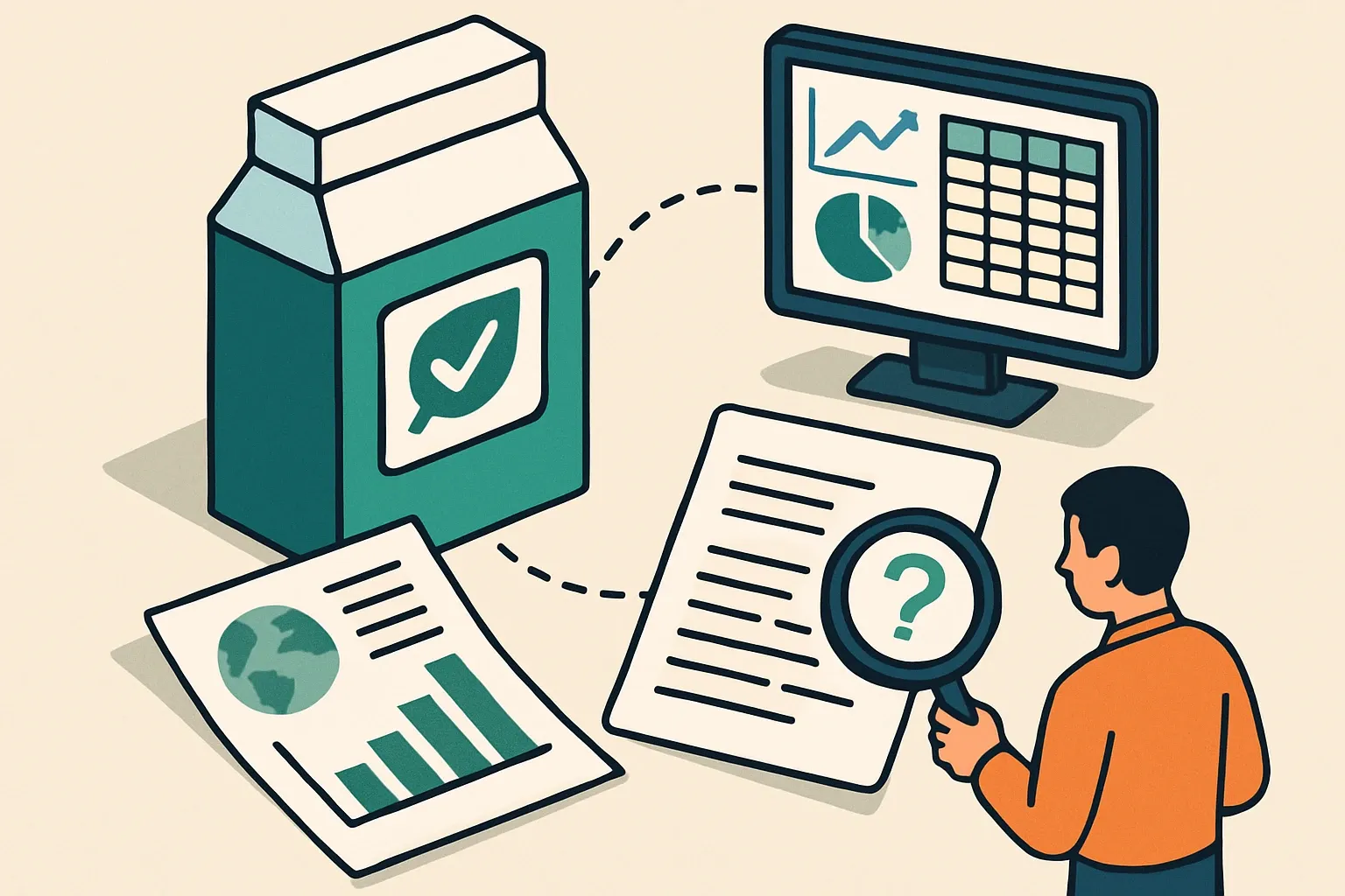 Generate an illustration for an article following this concept:

Turn EPD Data Into Credible Front of Pack Claims
You finally have a product‑specific EPD. Great. Now the real work starts. Buyers want a short, confident line that explains impact without spin. The trick is translating dense LCA tables into one or two claims that are specific, comparable, and defendable, all while staying far away from greenwashing traps.

Ensure that you use no text, as this illustration will be used on international translations of the article..

Use an illustrative style (e.g. isometic) and don't generate in a photorealistic style.