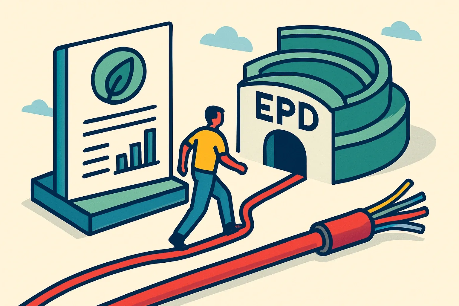 Generate an illustration for an article following this concept:

B-CABLES enters the EPD arena
Specs move fast when projects need verified carbon data. With its first Environmental Product Declarations now live, B-CABLES gives specifiers product‑specific transparency on common control and signal cables, shrinking the friction at bid time and avoiding the guesswork that can quietly sideline a solid product before price even enters the chat.

Ensure that you use no text, as this illustration will be used on international translations of the article..

Use an illustrative style (e.g. isometic) and don't generate in a photorealistic style.