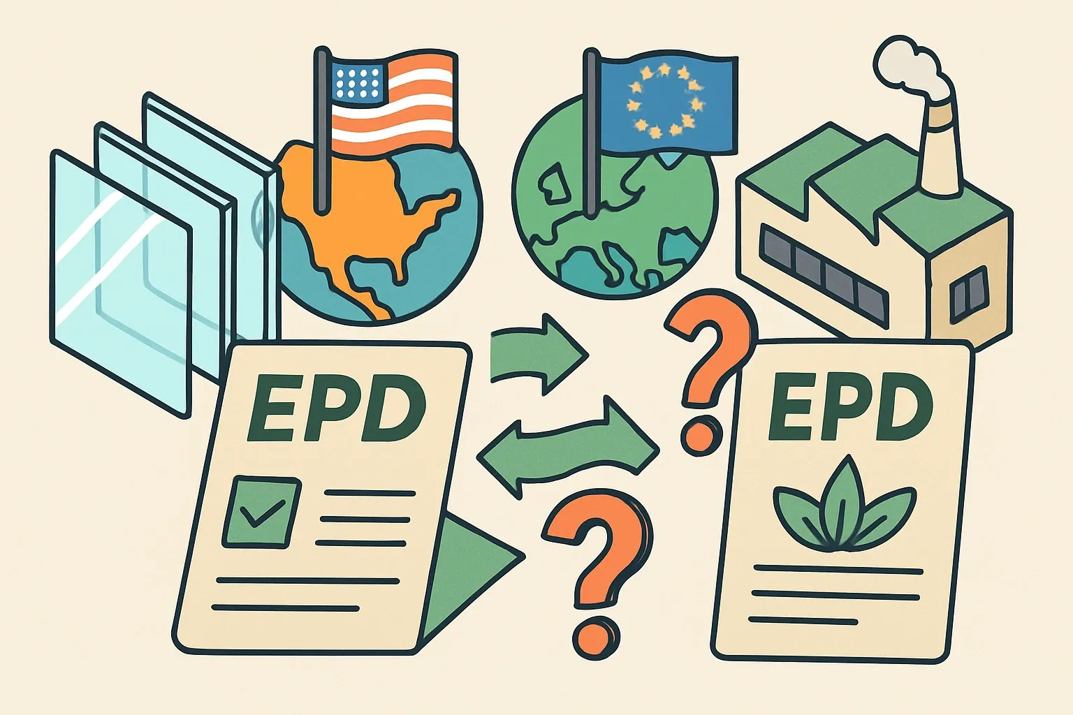 Generate an illustration for an article following this concept:

Does an industry wide EPD exist for laminated safety glass?
Short answer, it depends where you operate. In the United States there is no industry wide or sector average EPD specifically for laminated safety glass today. In parts of Europe, industry groups offer transferable “sector average” EPDs for laminated safety glass through verified templates. If you make laminated glass, here is what exists, what is missing, and how a product specific EPD can help you win more specifications.

Ensure that you use no text, as this illustration will be used on international translations of the article..

Use an illustrative style (e.g. isometic) and don't generate in a photorealistic style.