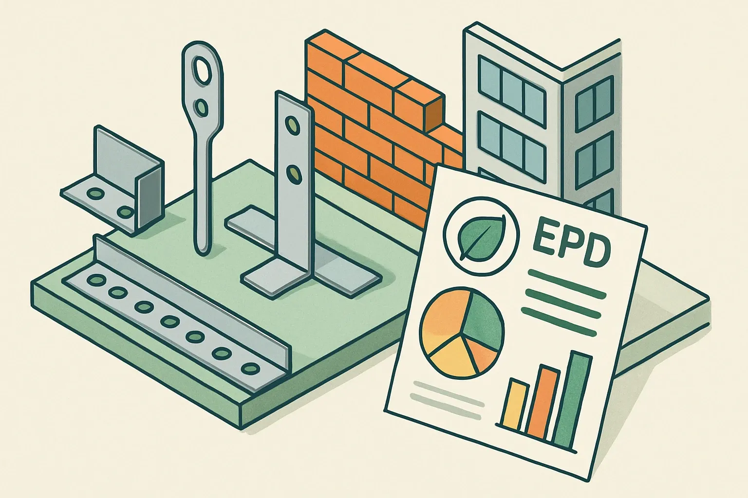 Generate an illustration for an article following this concept:

ACS Stainless: products and EPD coverage snapshot
ACS Stainless is a familiar name on masonry and façade packages, yet their environmental paperwork is harder to spot. If you sell into projects that prefer or require EPDs, here is the quick read on what they make, how broadly they compete, and where an EPD push would pay back fast.

Ensure that you use no text, as this illustration will be used on international translations of the article..

Use an illustrative style (e.g. isometic) and don't generate in a photorealistic style.