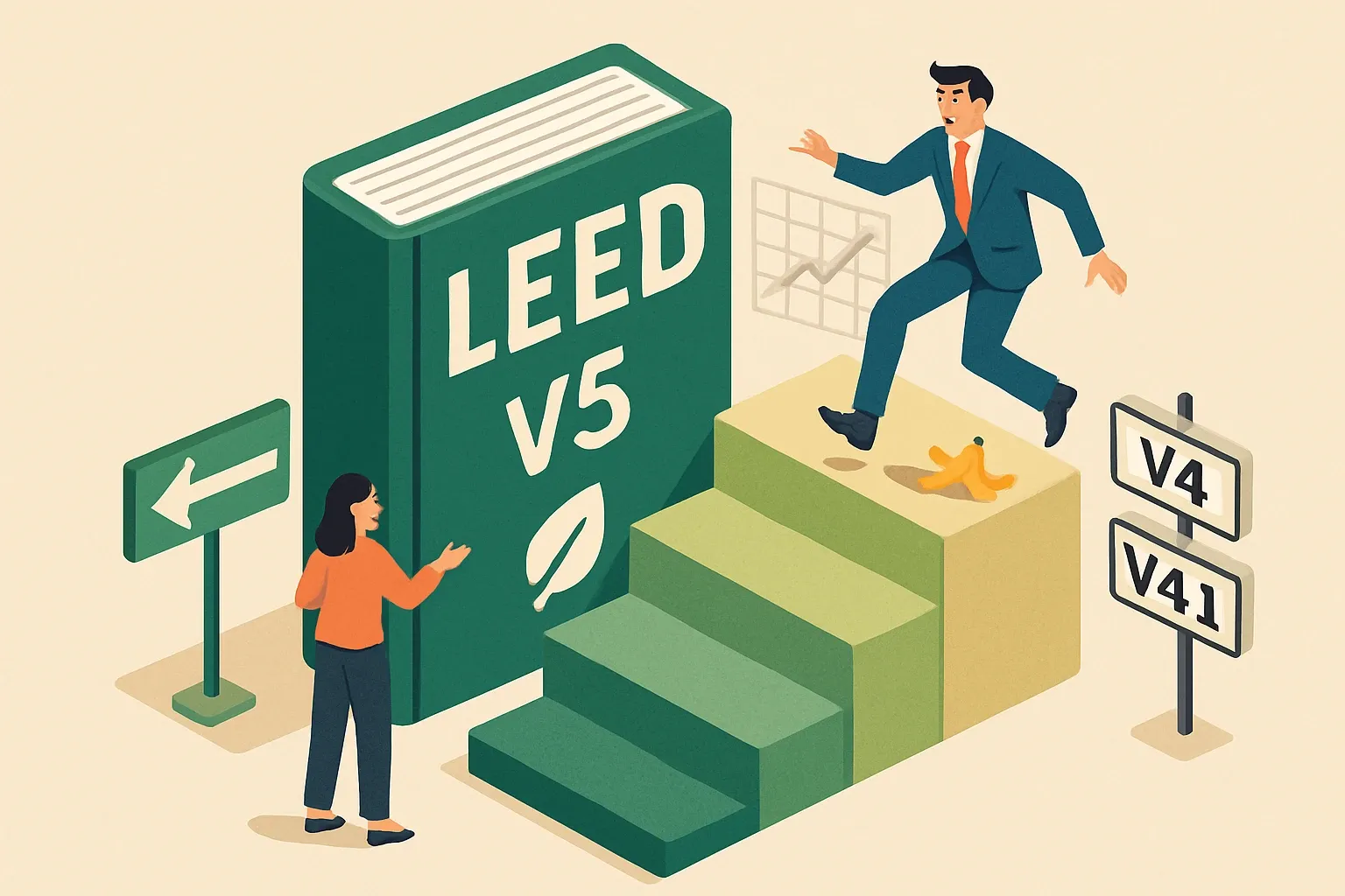 Generate an illustration for an article following this concept:

Talk LEED v5 Without Tripping Up
Misstatements about LEED cost projects time, points, and trust. From July 1, 2026, new commercial BD+C, ID+C, and O+M registrations will use LEED v5, while already registered v4 or v4.1 projects can continue toward certification for years. Channel teams that anchor messages in the new selection framework and avoid old credit shorthand will win credibility and keep specs sticky (USGBC LEED certification deadlines, 2026).

Ensure that you use no text, as this illustration will be used on international translations of the article..

Use an illustrative style (e.g. isometic) and don't generate in a photorealistic style.