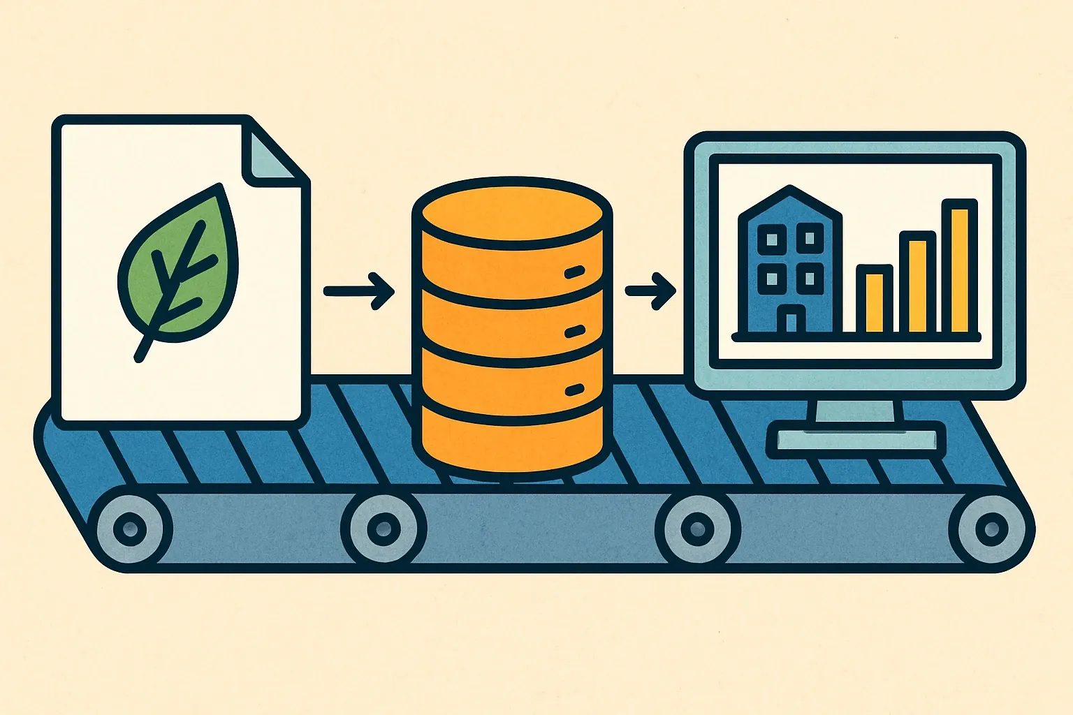 A simple conveyor-belt graphic showing an EPD file feeding into databases, then into LCA software, culminating in a building carbon bar chart.