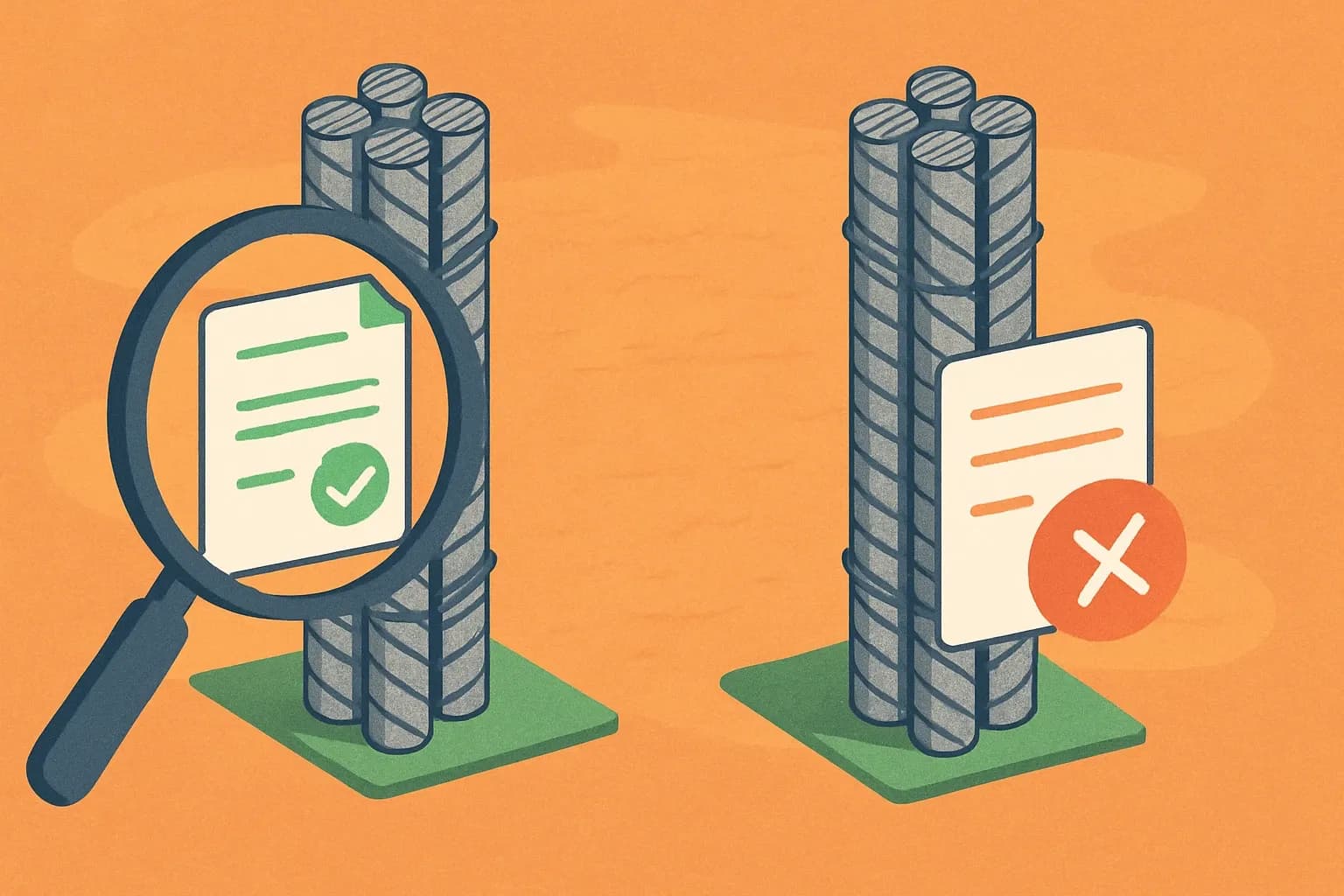 Generate an illustration for an article following this concept:

Wave Group’s TMT rebar and the EPD gap
Wave Group is a diversified Indian conglomerate that also makes TMT reinforcement bars. For spec-heavy projects, one thing jumps out today: lots of competitors’ rebars carry public EPDs, while Wave’s products appear not to. That gap can quietly lock them out of bids where low‑carbon disclosure is table‑stakes.

Ensure that you use no text, as this illustration will be used on international translations of the article..

Use an illustrative style (e.g. isometic) and don't generate in a photorealistic style.