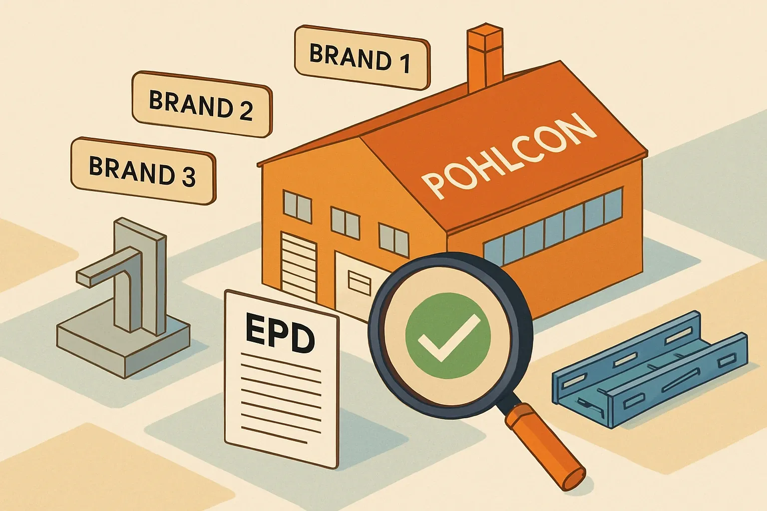 Generate an illustration for an article following this concept:

PohlCon: products and EPD coverage snapshot
Three heritage brands under one roof give PohlCon a broad footprint from concrete connections to cable support. The commercial kicker is simple: do the right EPDs exist where spec decisions hinge on third‑party data, or are project teams forced to default to generic values that quietly block a win?

Ensure that you use no text, as this illustration will be used on international translations of the article..

Use an illustrative style (e.g. isometic) and don't generate in a photorealistic style.