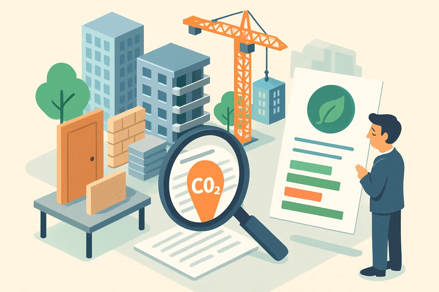 Generate an illustration for an article following this concept:

Urban Partners Bakes In Whole-Life Carbon Under Denmark’s BR18
Urban Partners will model whole‑life carbon in every new development, matching Denmark’s legally enforced building LCA rules. For building‑product manufacturers, that means project teams will filter specs by carbon data first and everything else second. If your products have dependable, product‑specific EPDs and clear transport and installation data, you land in the short list faster. If not, bids slow down or simply dont happen.

Ensure that you use no text, as this illustration will be used on international translations of the article..

Use an illustrative style (e.g. isometic) and don't generate in a photorealistic style.
