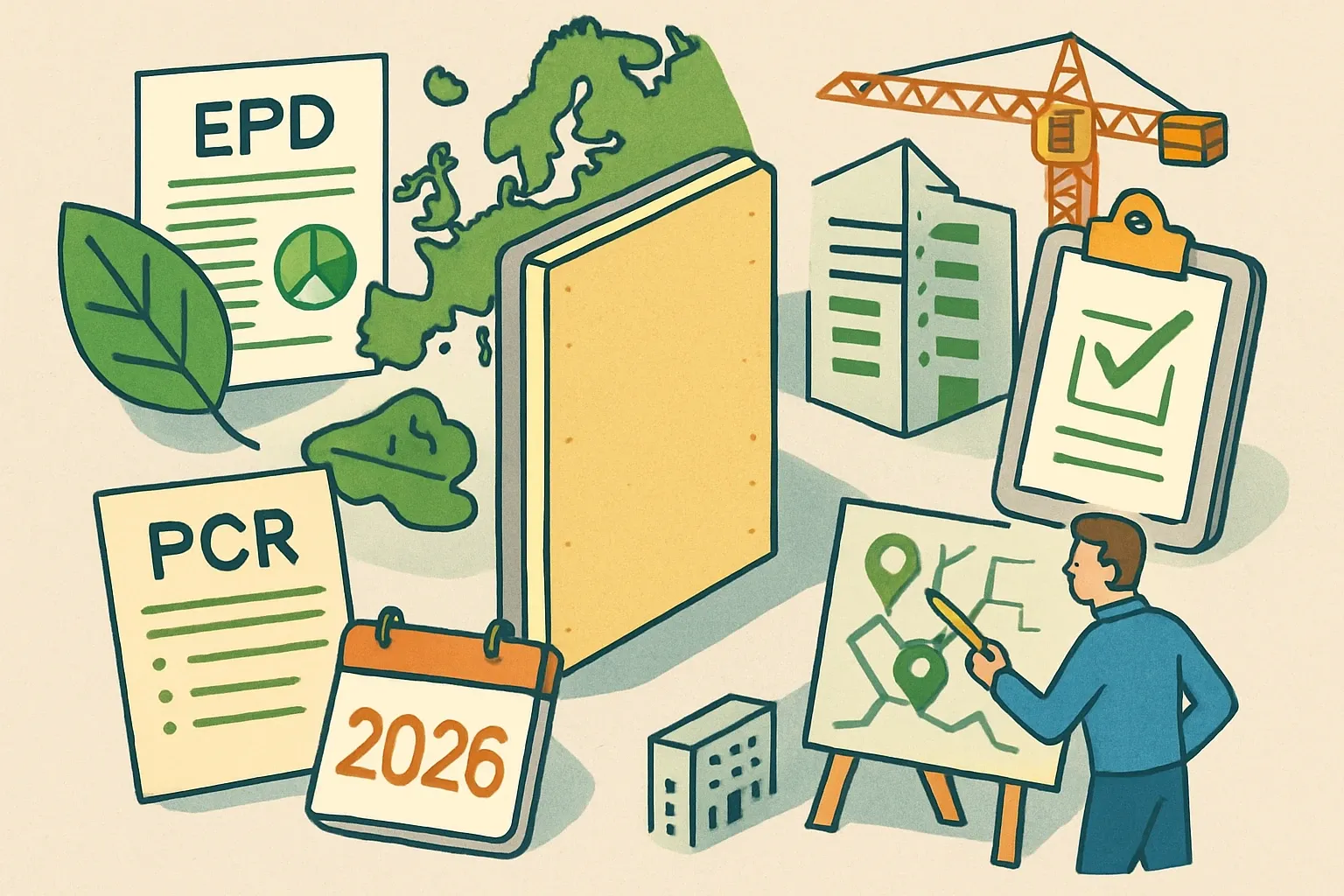 Generate an illustration for an article following this concept:

EPDs for Exterior Gypsum Sheathing in Europe: The Guide
Planning an EPD for exterior gypsum sheathing in 2026? Here is the full, data‑based picture for Europe, including who published what, which PCRs dominate, and when renewals hit. The short version: the market is small, concentrated, and facing a synchronized expiry wave in 2026. Use this to plan your next move before competitors do.

Ensure that you use no text, as this illustration will be used on international translations of the article..

Use an illustrative style (e.g. isometic) and don't generate in a photorealistic style.