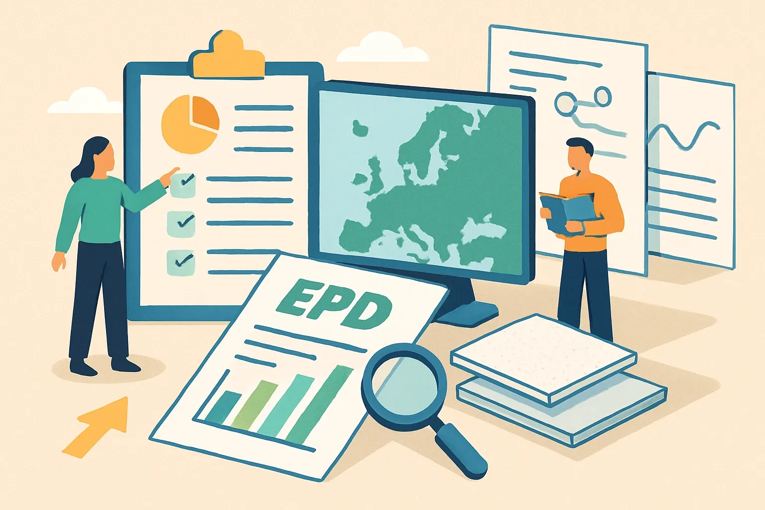 Generate an illustration for an article following this concept:

Ceiling panel EPDs in Europe: the data guide
Planning an EPD for suspended ceilings or acoustic ceiling tiles in 2026? Here is the clearest snapshot of who is publishing, which program operators matter, and which PCRs competitors chose in Europe. Use it to benchmark your roadmap, avoid near‑term expiries, and pick a path that speeds specs without rework.

Ensure that you use no text, as this illustration will be used on international translations of the article..

Use an illustrative style (e.g. isometic) and don't generate in a photorealistic style.