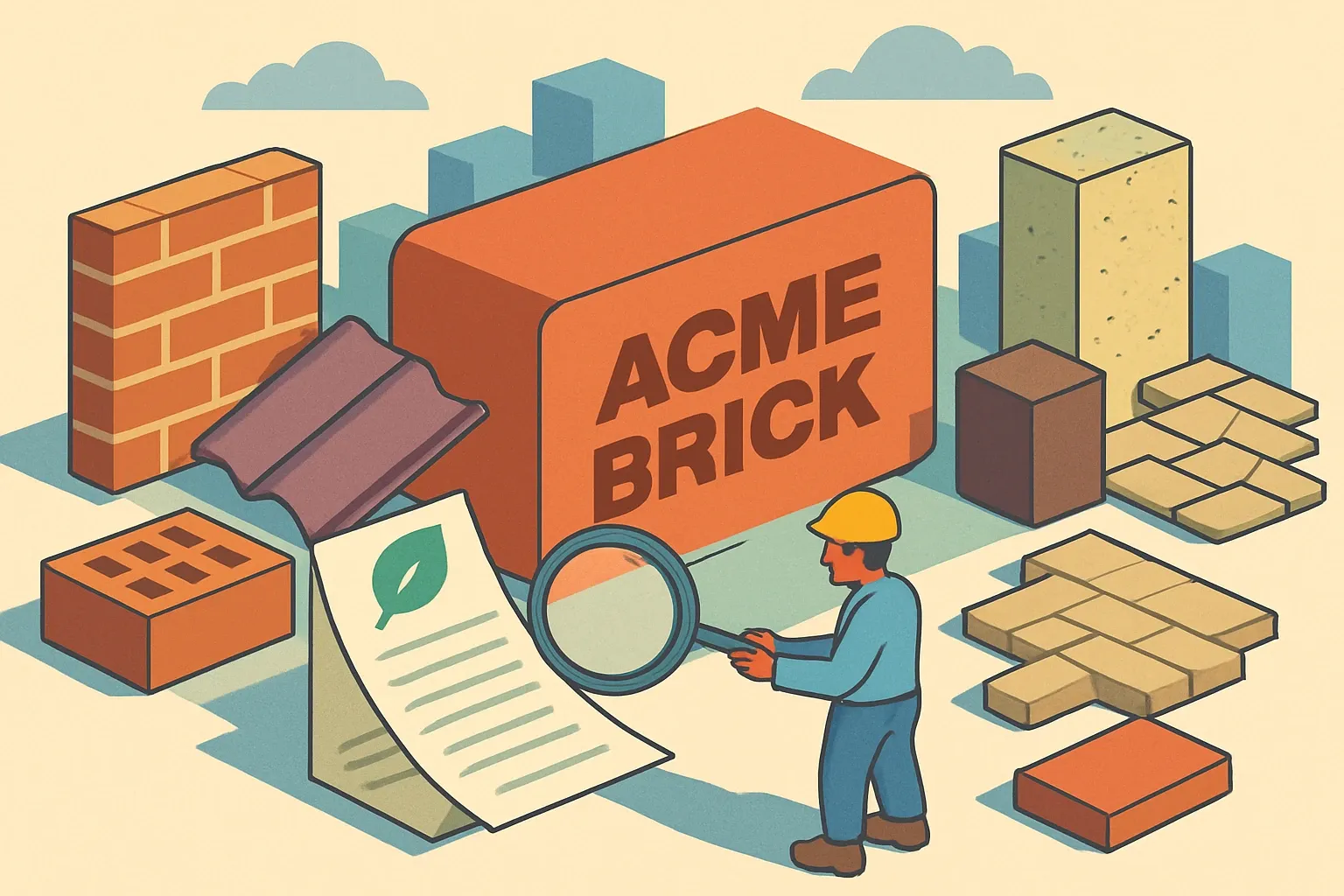 Generate an illustration for an article following this concept:

Acme Brick: Products and EPD coverage snapshot
Acme Brick sits at the center of North American masonry with deep brand recognition and a catalog that stretches well beyond face brick. For sales and product teams chasing specifications, the question isn’t whether brick gets used, it’s whether your SKUs qualify on projects that now expect third‑party environmental paperwork. Here is where Acme’s portfolio and EPD coverage stand today, and where a few fast moves can prevent lost specs.

Ensure that you use no text, as this illustration will be used on international translations of the article..

Use an illustrative style (e.g. isometic) and don't generate in a photorealistic style.