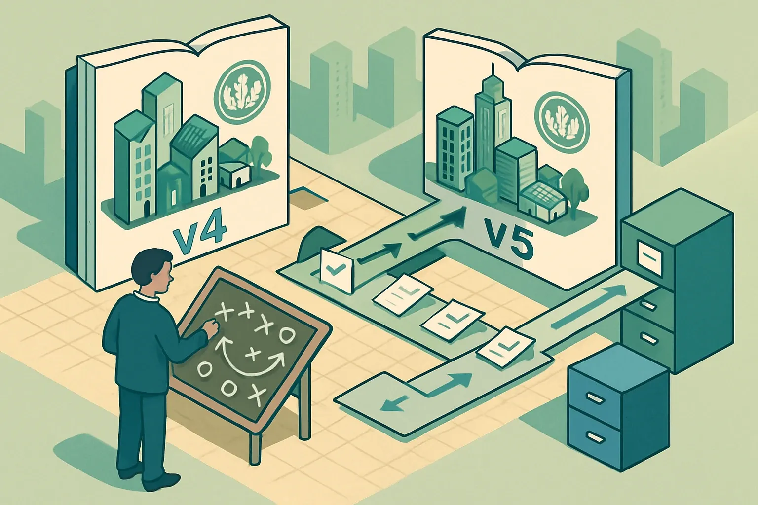 Generate an illustration for an article following this concept:

Run One Playbook For LEED v4.1 and v5
From July 1, 2026, new commercial BD+C, ID+C, and O+M projects register in LEED v5, while thousands of LEED v4 and v4.1 projects continue on their own schedule (USGBC LEED v5 Help Center, 2026) ([USGBC, 2026](https://support.usgbc.org/hc/en-us/articles/25316160948755-LEED-v5)). Manufacturers that treat this as a messaging problem will confuse specifiers and stall submittals. Treat it as an operations problem instead. Build a dual‑track system that asks the version up front, routes collateral by version, and packages submittals for the credit logic the team is actually using. The payoff is fewer RFIs and faster yeses.

Ensure that you use no text, as this illustration will be used on international translations of the article..

Use an illustrative style (e.g. isometic) and don't generate in a photorealistic style.