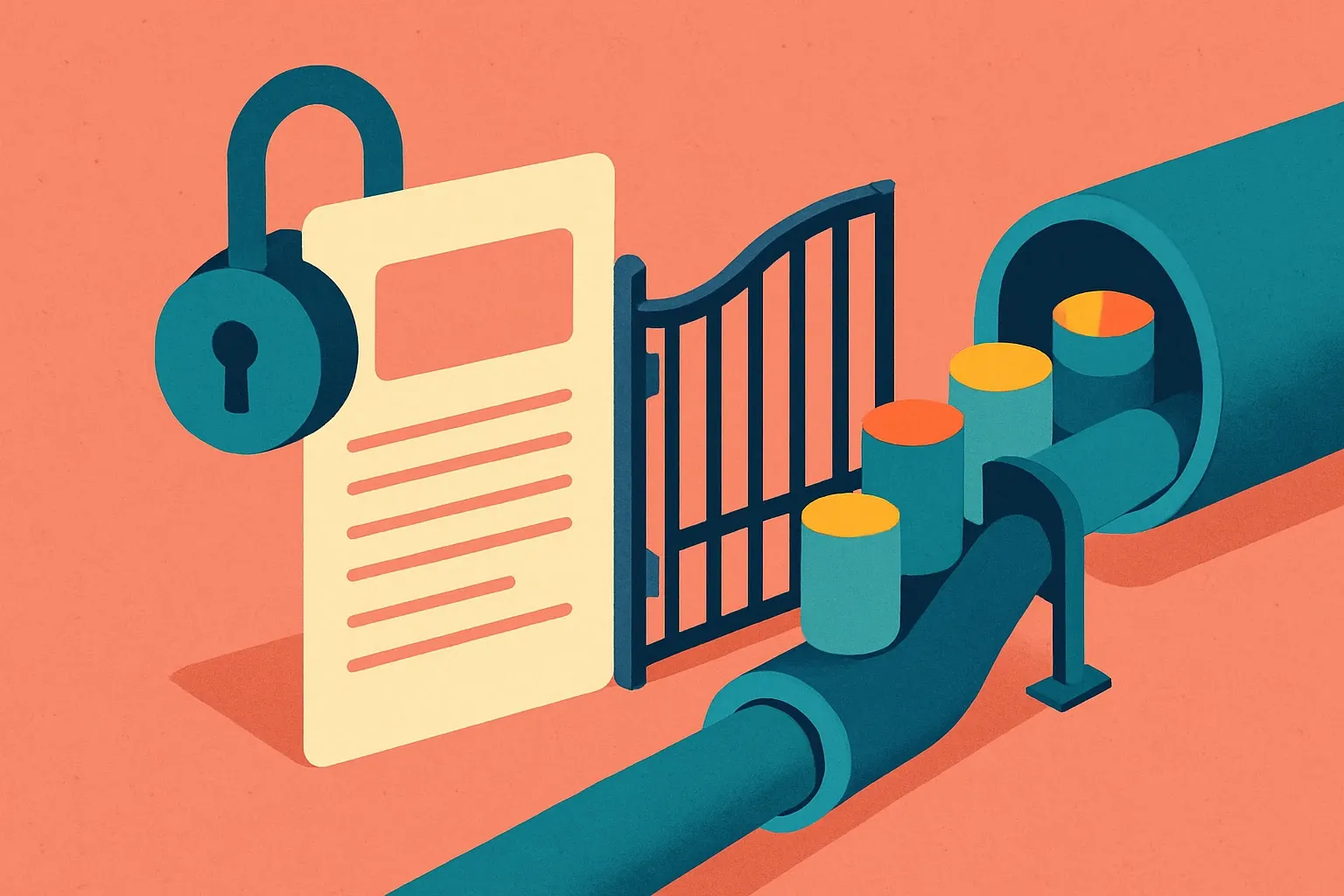 A stylized specification document with a lock transforming into an open gate, revealing a pipeline of projects flowing through.