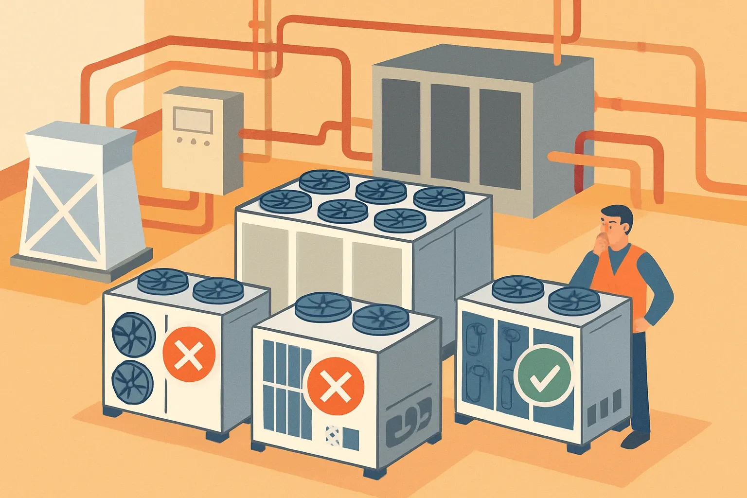 Generate an illustration for an article following this concept:

Multistack: modular chillers, EPD coverage, and spec risk
Multistack built its name on modular chillers and heat‑pump systems that slot into tight plant rooms and tricky retrofits. For specifiers, the question is simple, do these products come with third‑party EPDs today. Here is the fast take on their range, how widely it spans, and where Environmental Product Declarations are present or missing against peers.

Ensure that you use no text, as this illustration will be used on international translations of the article..

Use an illustrative style (e.g. isometic) and don't generate in a photorealistic style.