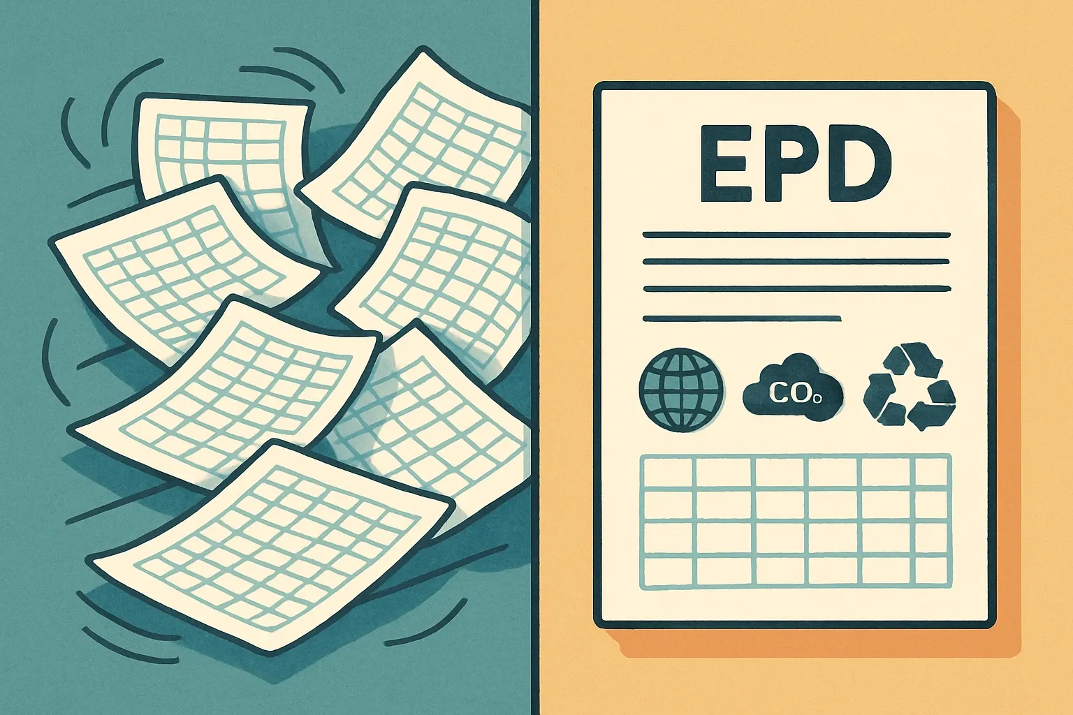 Split-screen visual: left side messy spreadsheets, right side a clean single-page titled EPD with key impact icons.