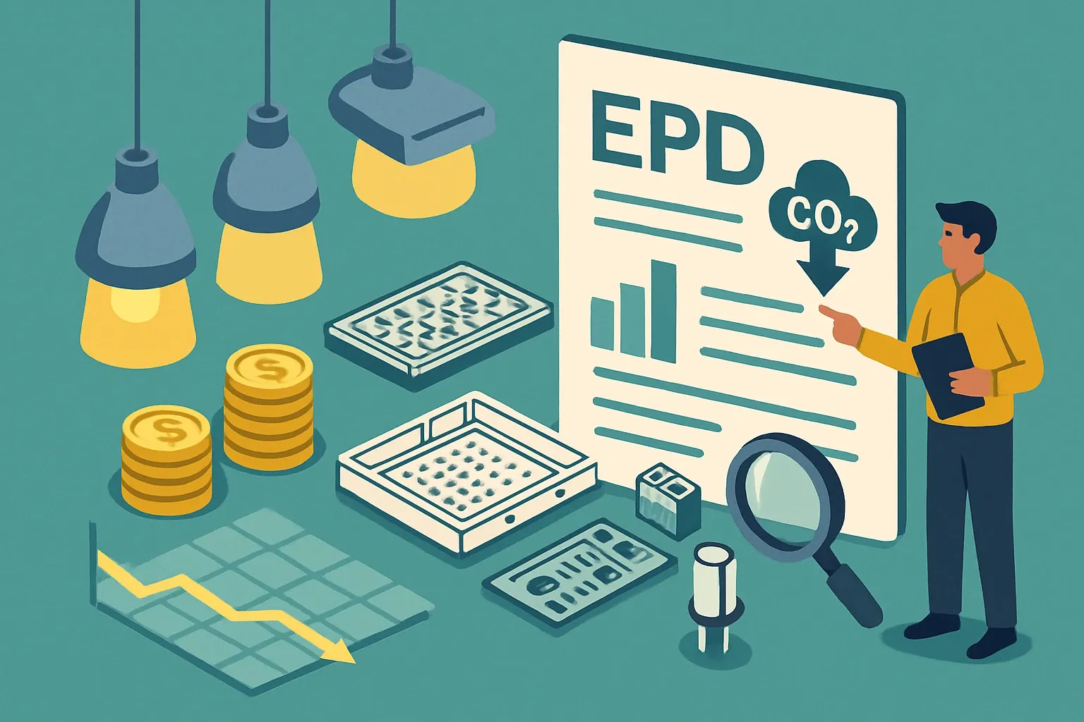 Generate an illustration for an article following this concept:

Luminaire EPDs for lighting decarbonization
Lighting is the carbon lever hiding in plain sight. Operational energy dominates, yet the metal, electronics, and optics inside each fixture add up fast. Luminaire EPDs turn that tangle into numbers buyers trust, so your product gets shortlisted instead of sidelined when carbon targets tighten.

Ensure that you use no text, as this illustration will be used on international translations of the article..

Use an illustrative style (e.g. isometic) and don't generate in a photorealistic style.
